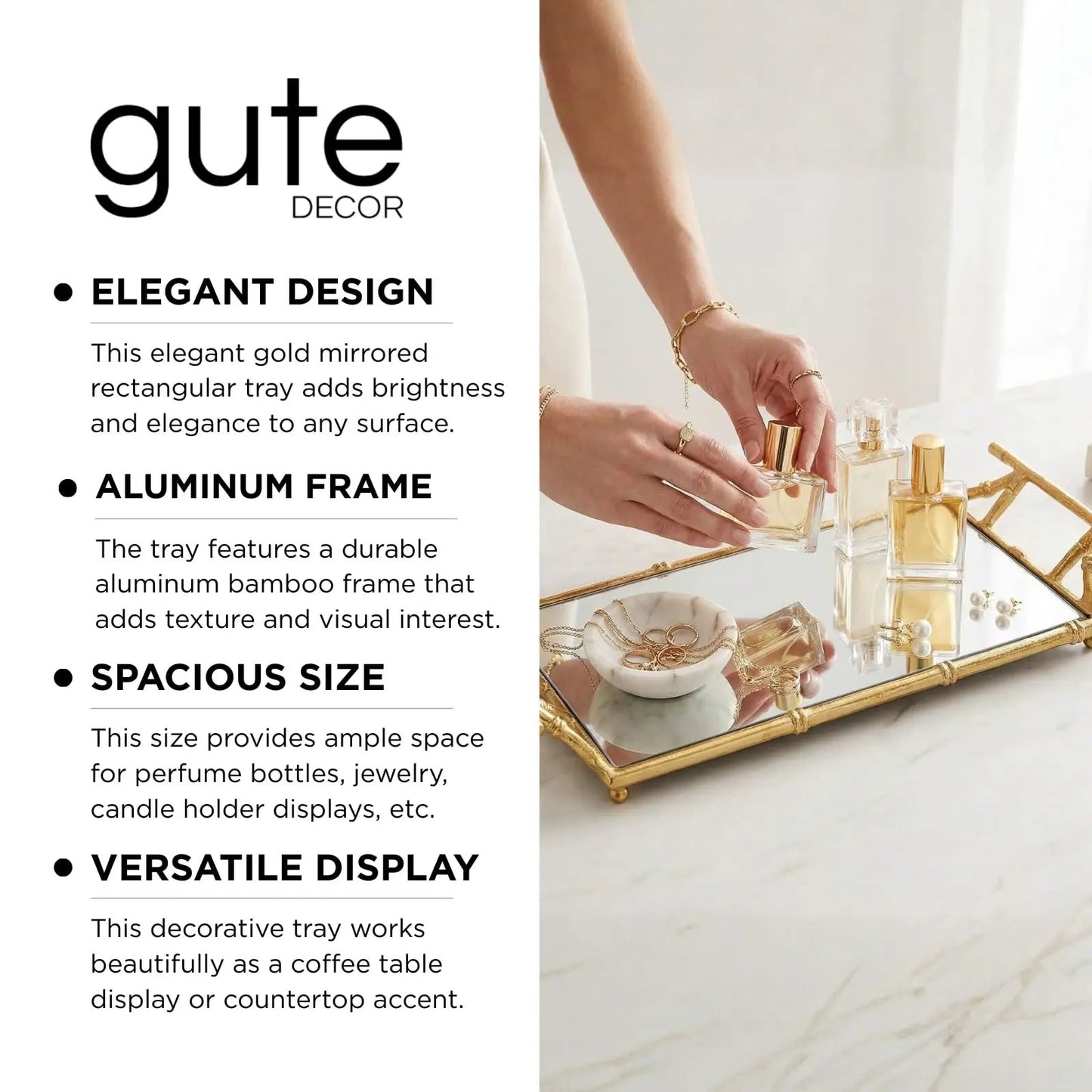 Gold Mirrored Decorative Tray, 20" Large Rectangular Aluminum Bamboo Frame from PriceLows™