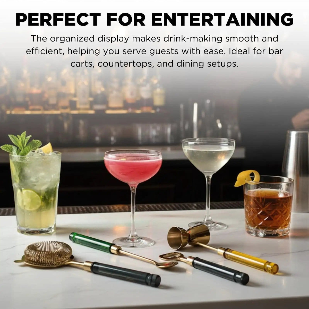 5-PC Gold Bartender Kit with Stand & Color Handles | Set of 5 | Steel | Bottle Opener