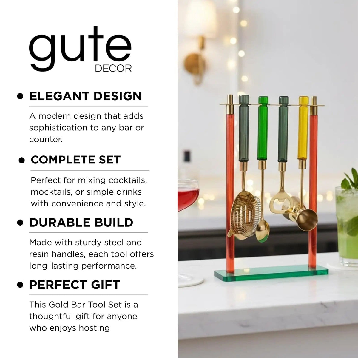 5-PC Gold Bartender Kit with Stand & Color Handles | Set of 5 | Steel | Bottle Opener