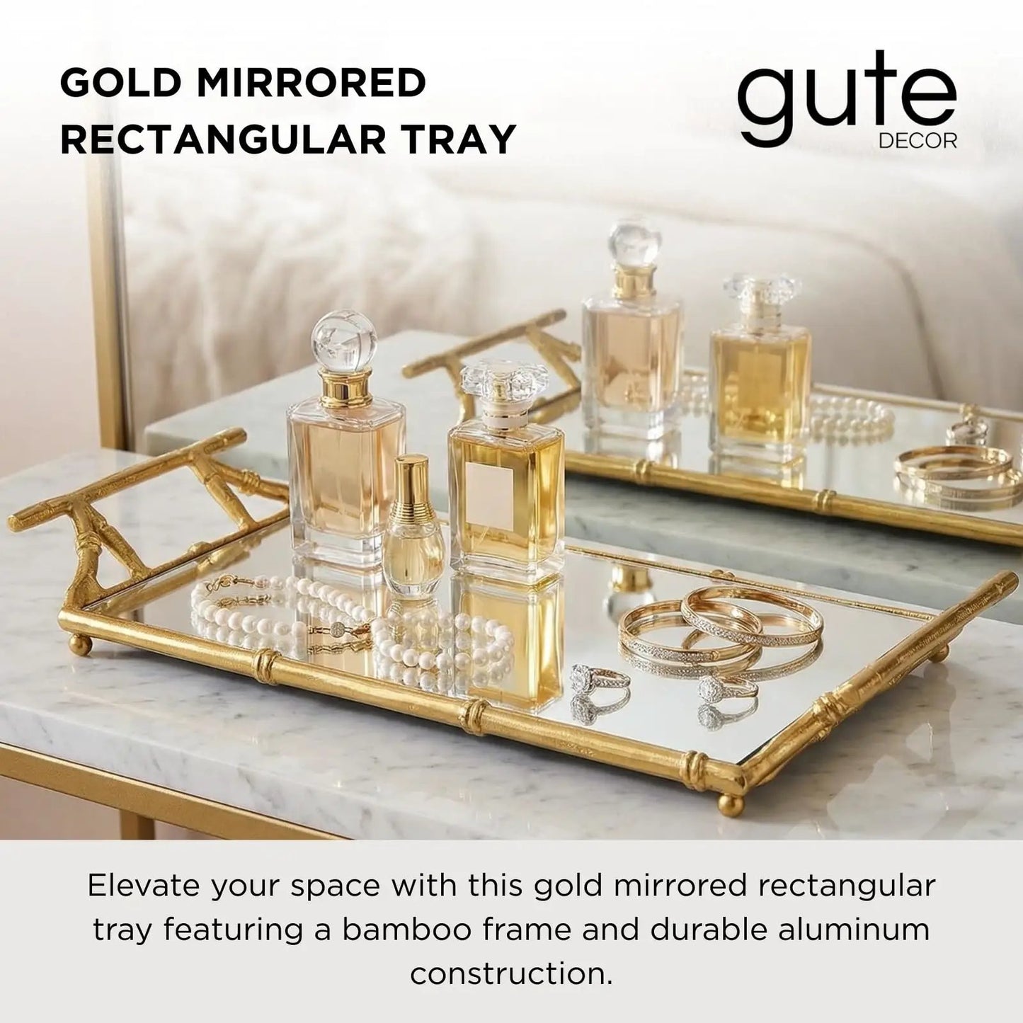 Gold Mirrored Decorative Tray, 20" Large Rectangular Aluminum Bamboo Frame from PriceLows™