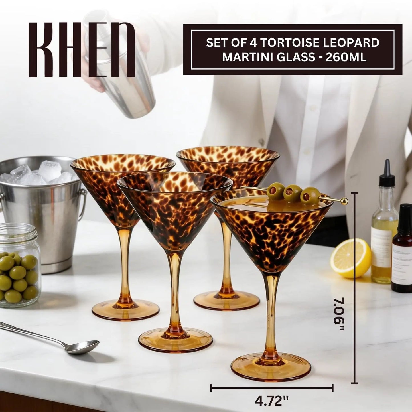 Tortoise Leopard Print Martini 9oz - Set of 4, 7.1" Spotted Borosilicate Cocktail Stem from PriceLows™