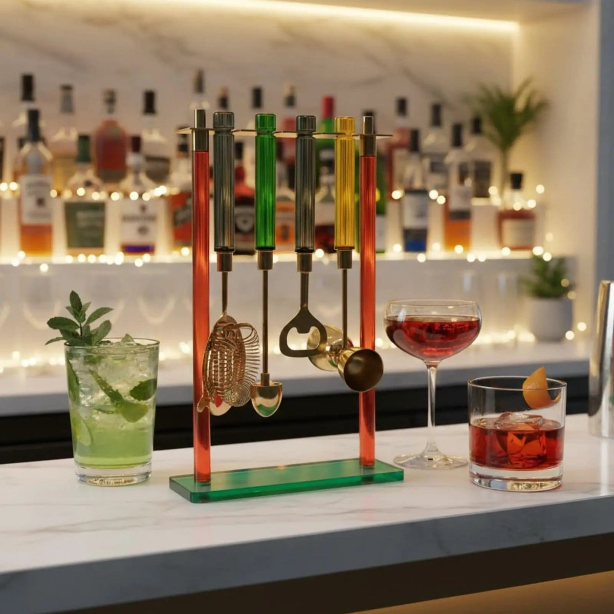 5-PC Gold Bartender Kit with Stand & Color Handles | Set of 5 | Steel | Bottle Opener