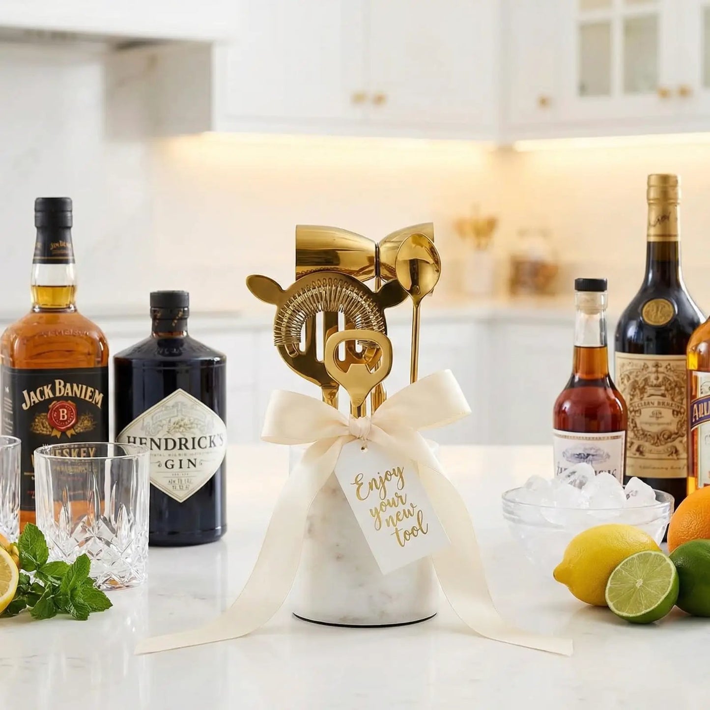 Gold Marble Cocktail Bar Tool Set, 5 Piece 9.06 x 3.75 Inch White Stone Holder Stainless Steel from PriceLows™