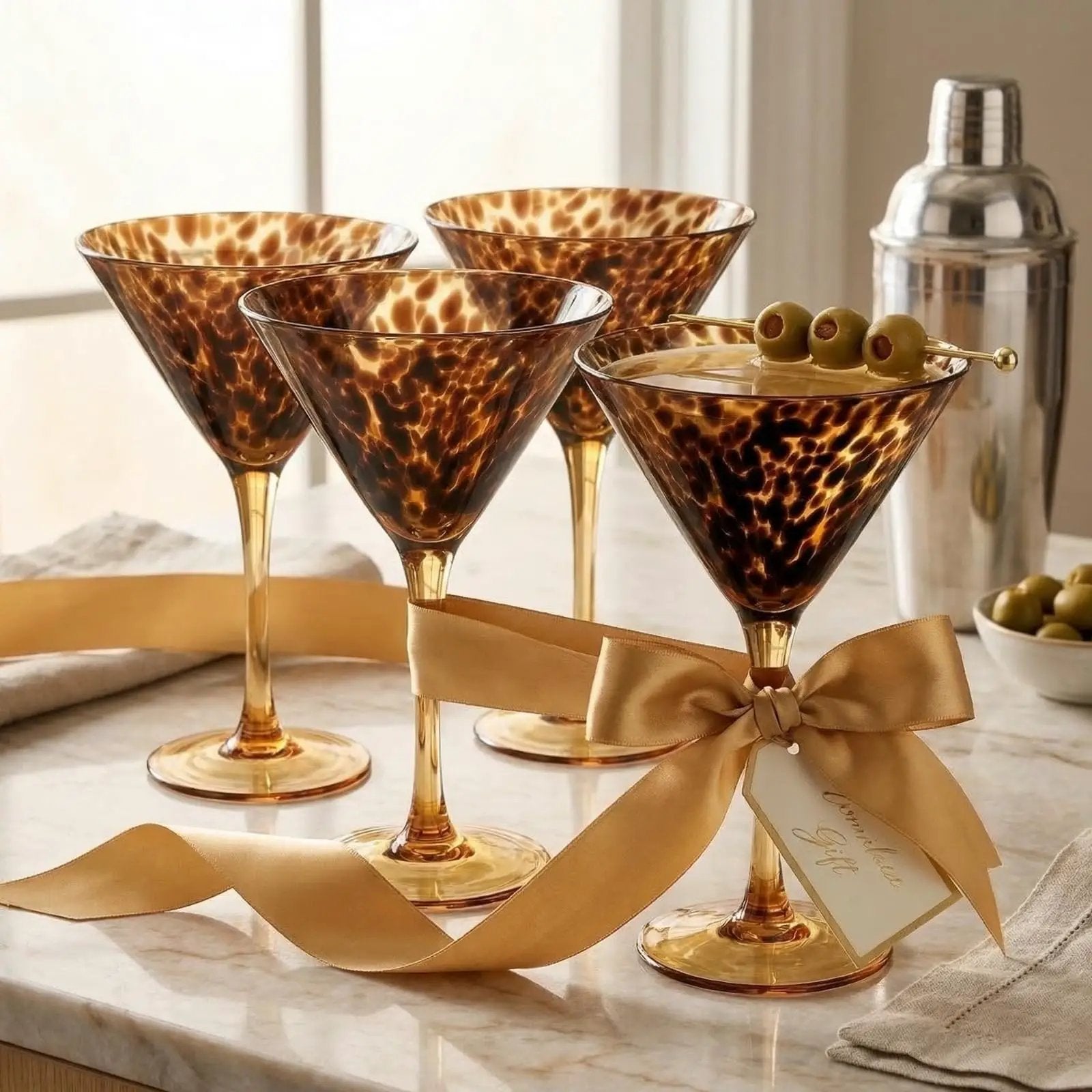 Tortoise Leopard Print Martini 9oz - Set of 4, 7.1" Spotted Borosilicate Cocktail Stem from PriceLows™