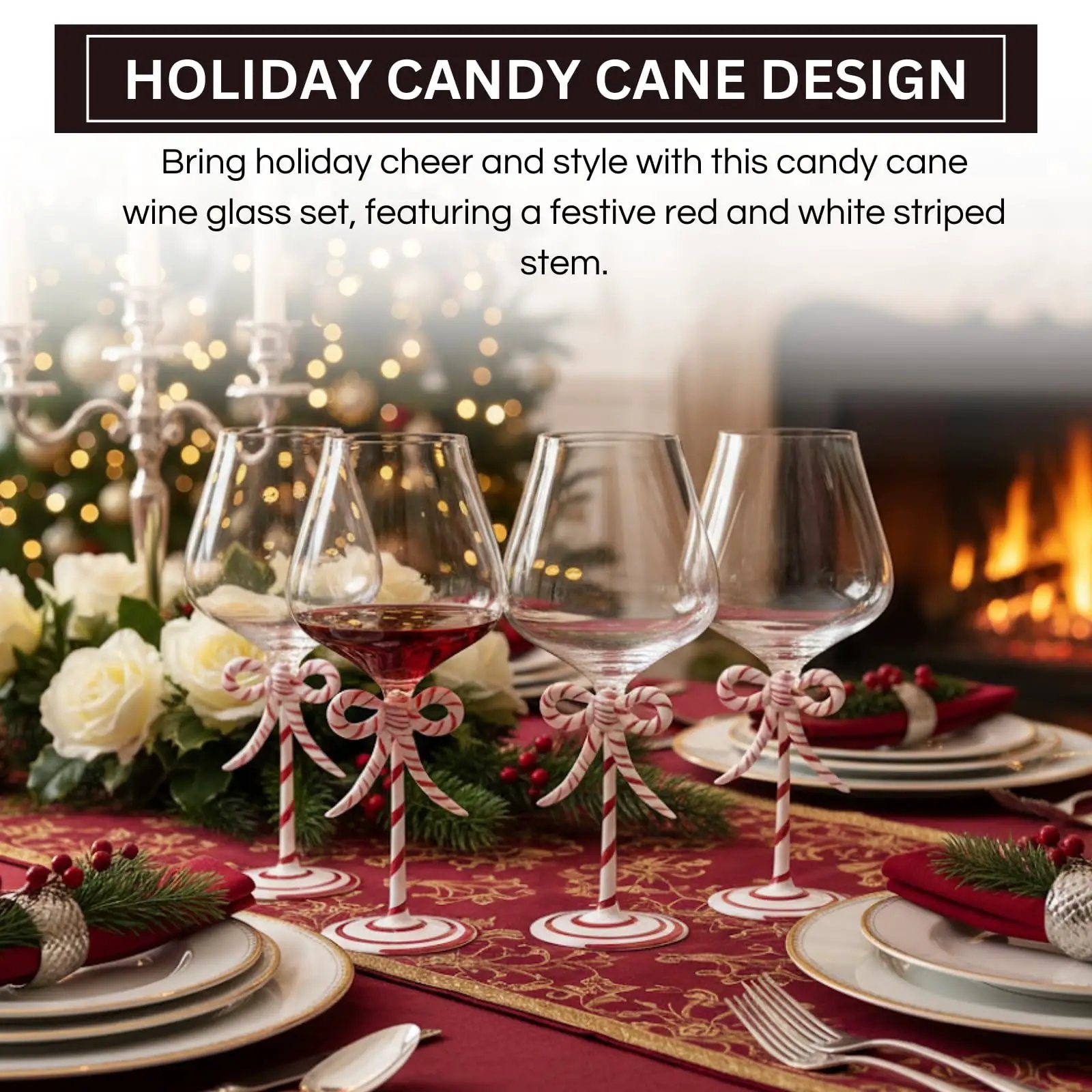 Khen Christmas Candy Cane Bow Wine Glasses - Set of 2 from PriceLows™