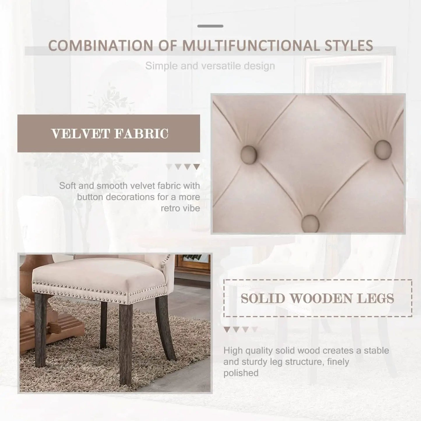 Beige Velvet Tufted Dining Chairs With Nailhead Trim Set Of 6 from PriceLows™