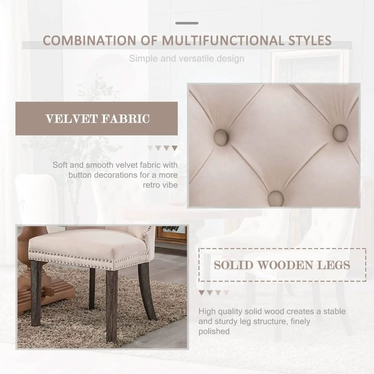 Beige Velvet Tufted Dining Chairs With Nailhead Trim Set Of 6 from PriceLows™