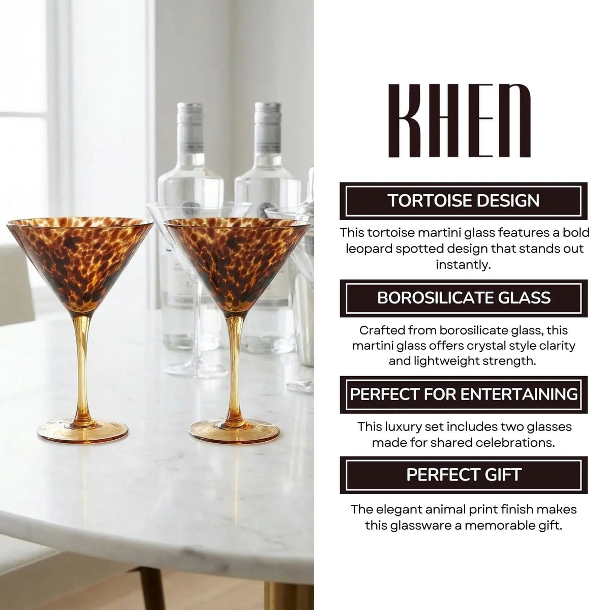 Tortoise Leopard Print Martini 9oz -, 7.1" Spotted Borosilicate Cocktail | 9 oz | Set of 2 | Glass