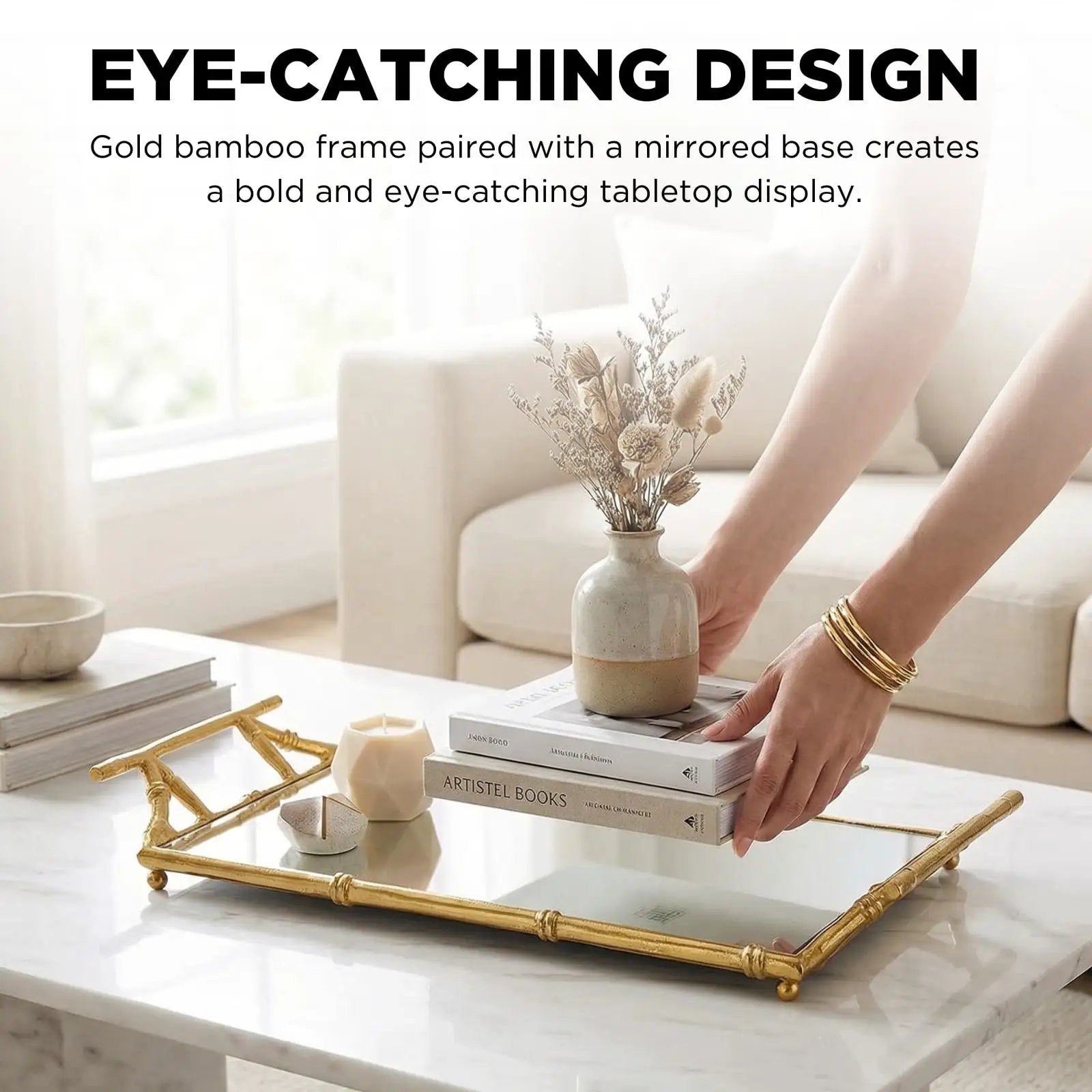 Gold Mirrored Decorative Tray, 20" Large Rectangular Aluminum Bamboo Frame from PriceLows™