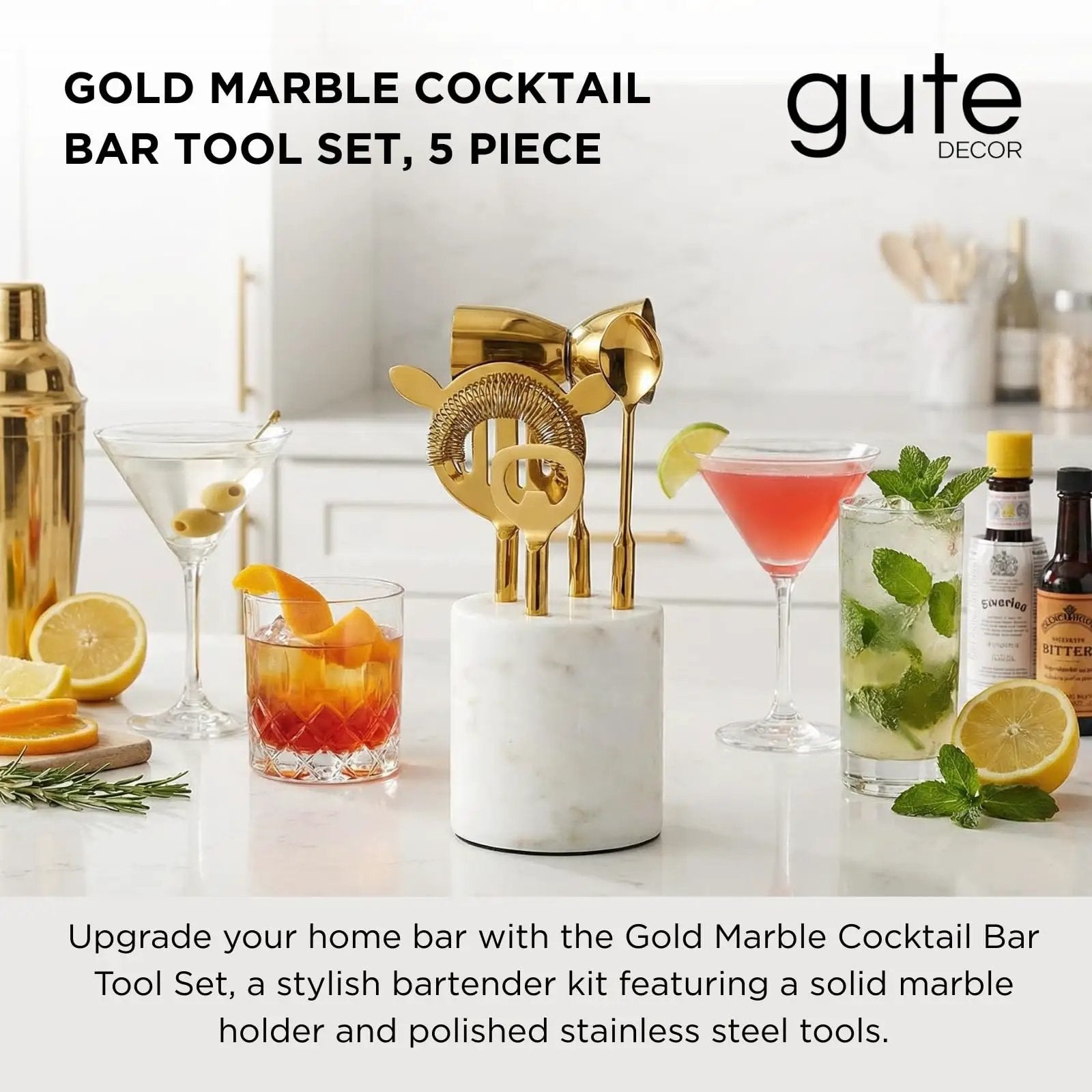 Gold Marble Cocktail Bar Tool Set, 5 Piece 9.06 x 3.75 Inch White Stone Holder Stainless Steel from PriceLows™