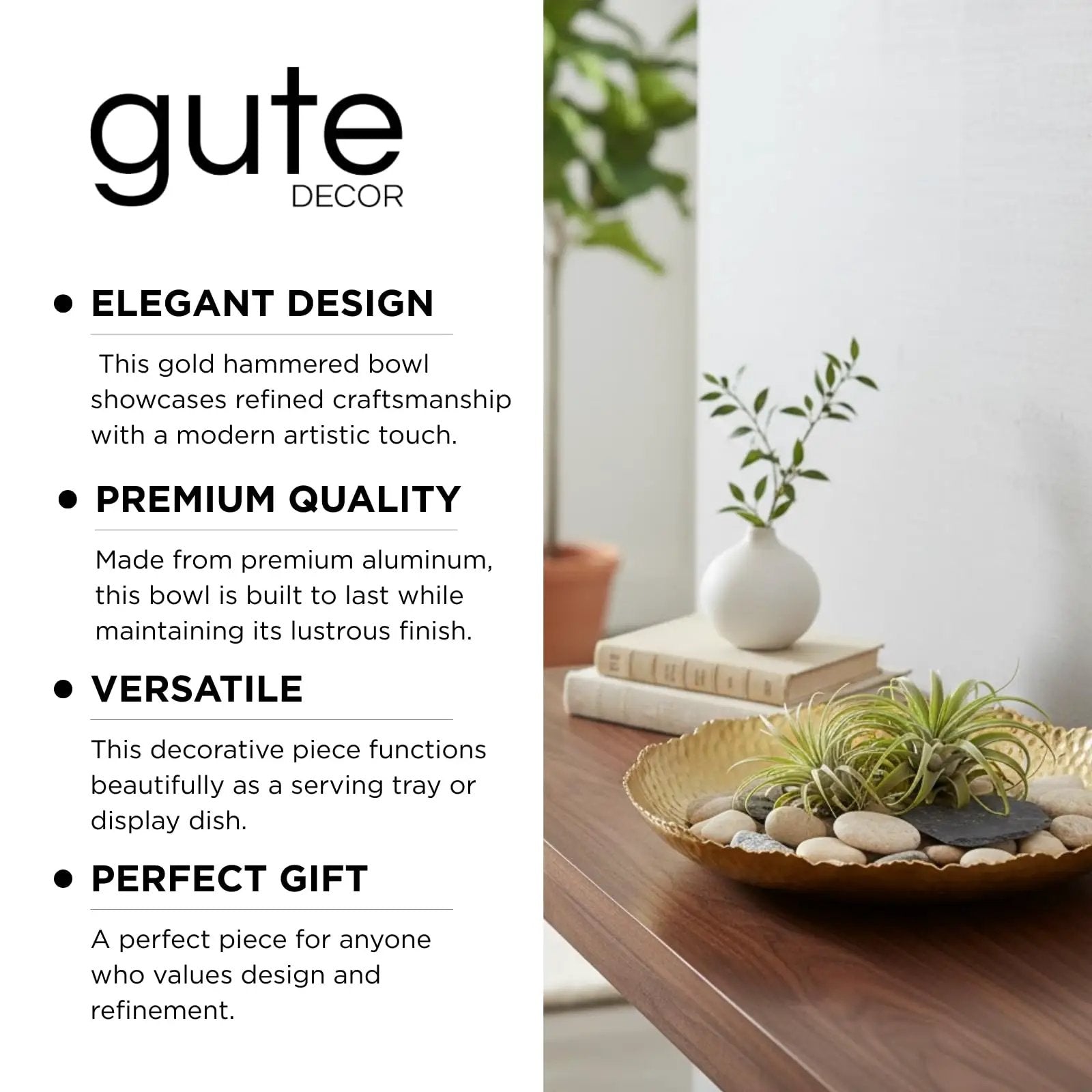 Gold Hammered Decorative Bowl Elegant Aluminum Centerpiece from PriceLows™