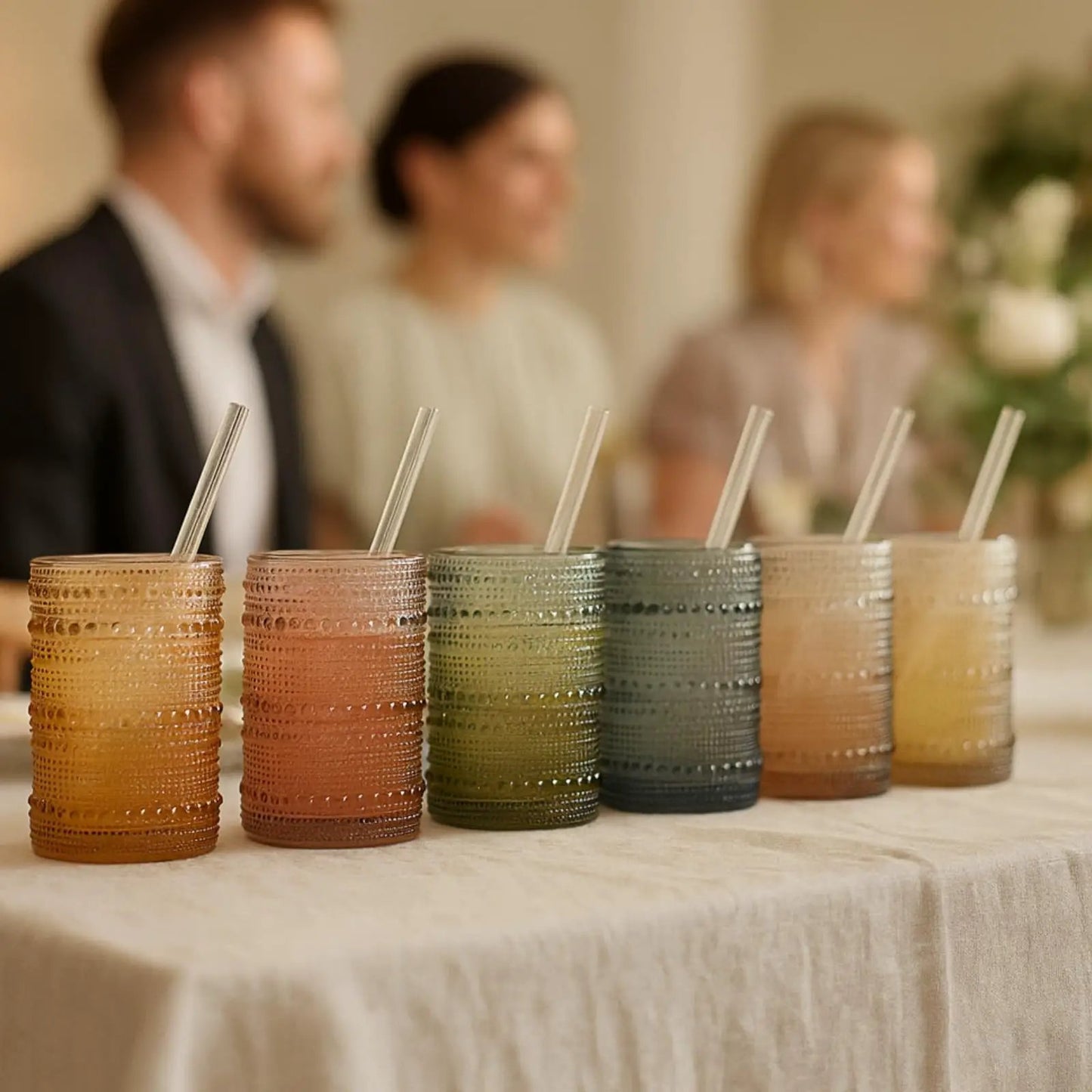 Khen Hobnail Drinking Glasses with Straws | Muted Colors | Set of 6 from PriceLows™