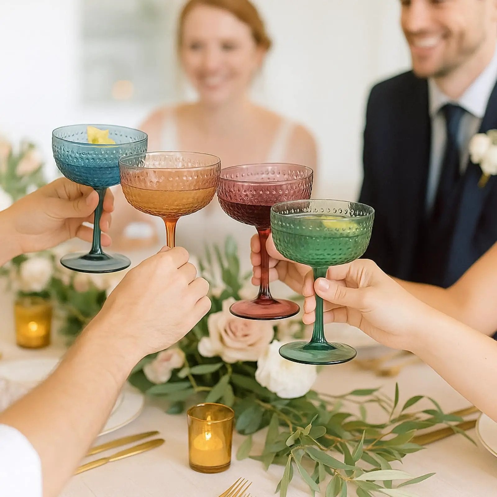 Hobnail Coupes, Cocktail Glass | Set of 4 | Muted Colors from PriceLows™