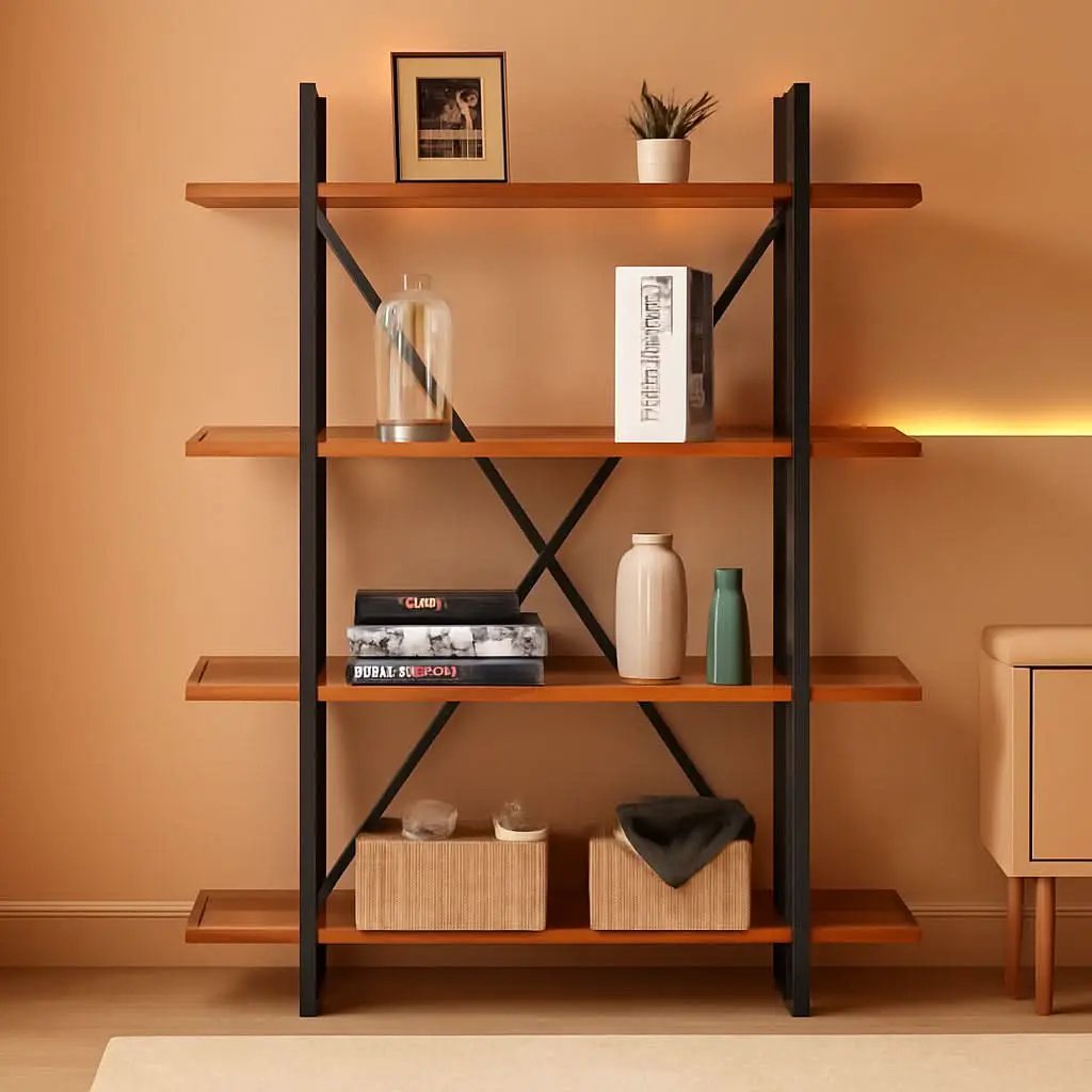 Four Tier Natural Wood Bookshelf Rustic Industrial from PriceLows™