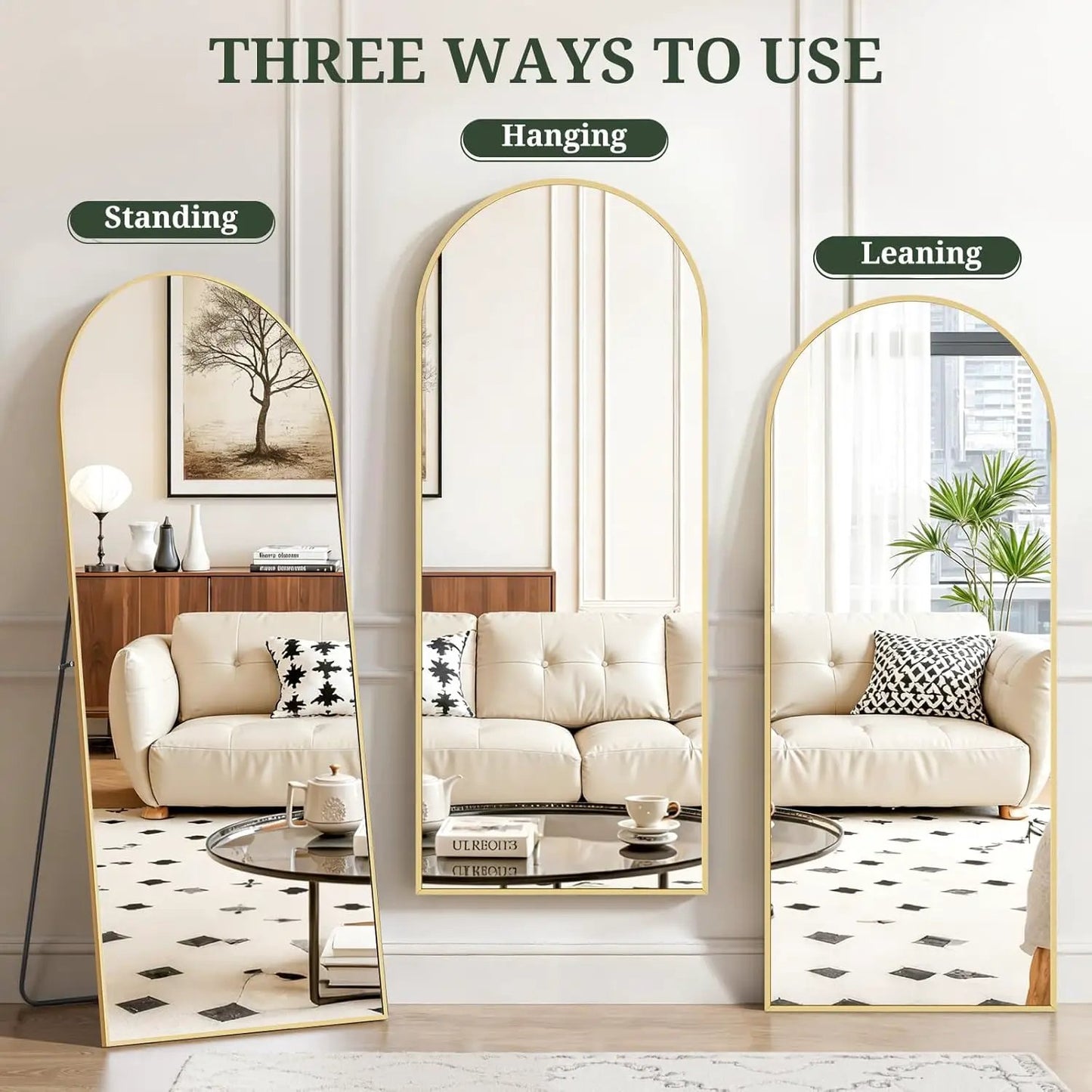 Mirror Full Length 64"X21" Full Body Floor Mirror with Stand, Shatterproof Glass, Aluminum Alloy Frame, Free Standing Wall Mounted or Leaning Arched Mirrors for Bedroom Living Room Entryway from PriceLows™