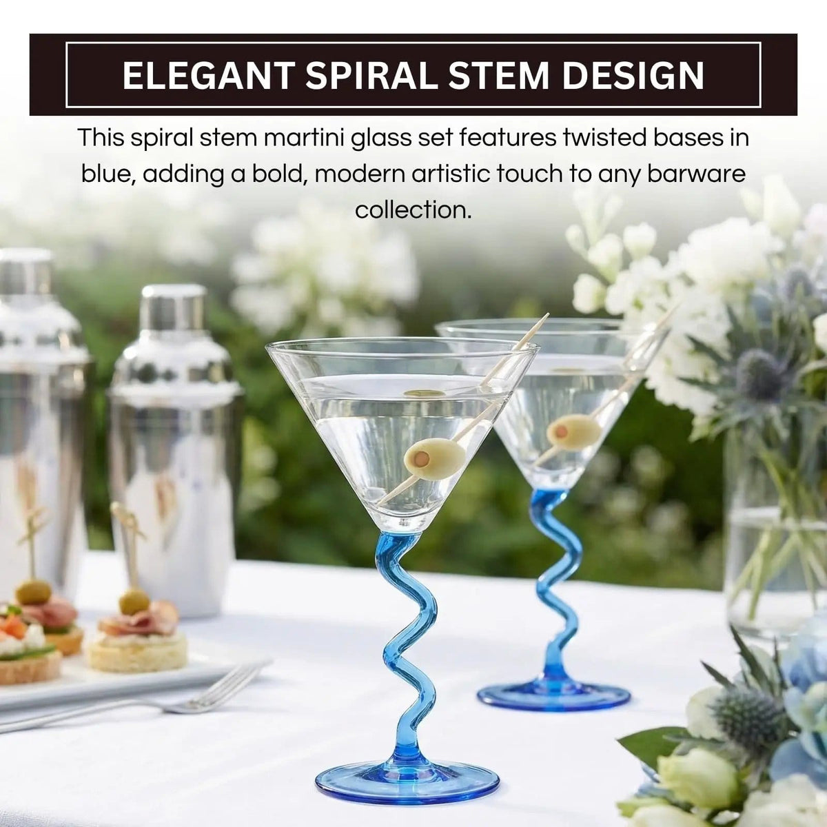Spiral Stem Martini Glasses, 9.2oz 7.05" Blue | 9.2 oz | Set of 2 | Glass