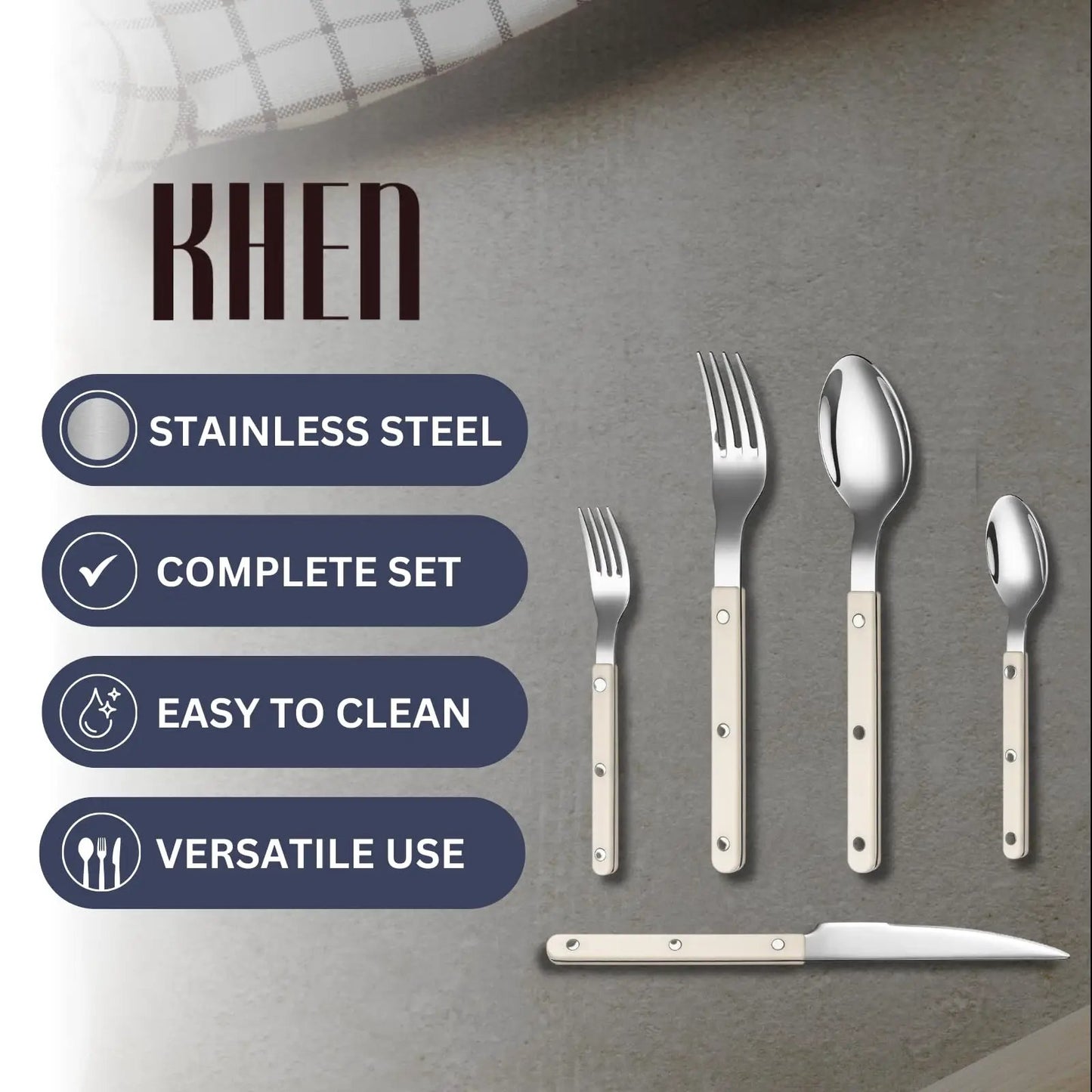 Khen Cream Cutlery Set of 20 –18/8 Stainless Steel Flatware from PriceLows™