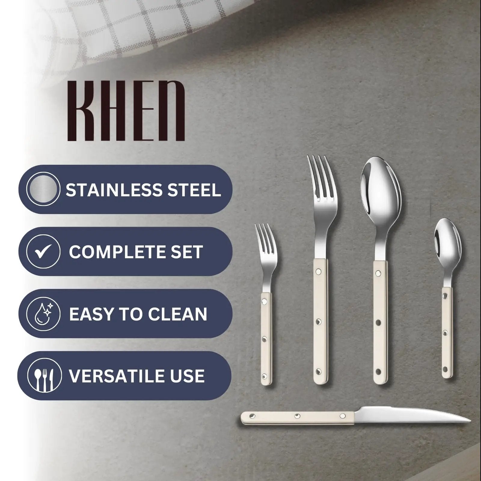 Khen Cream Cutlery Set of 20 –18/8 Stainless Steel Flatware from PriceLows™