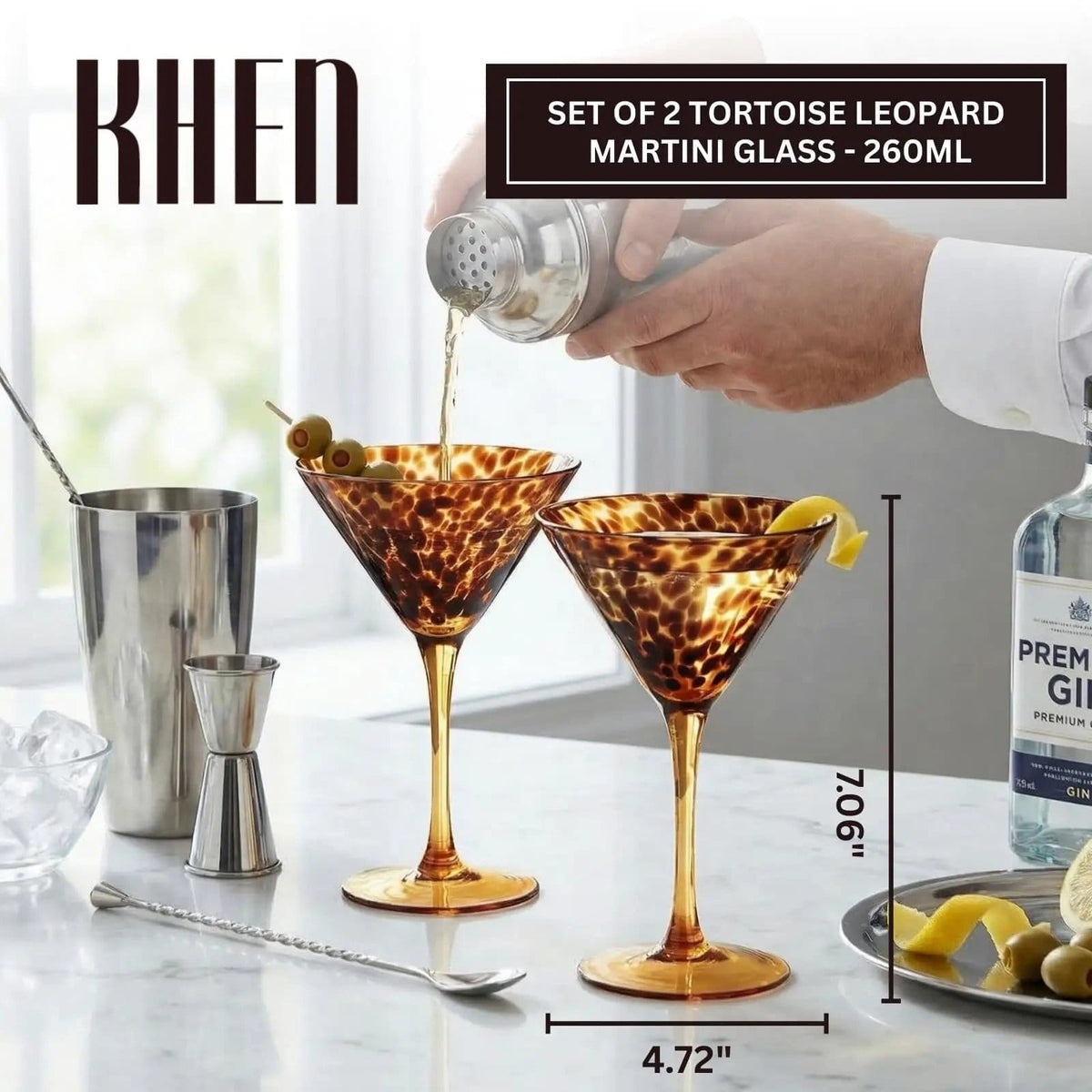 Tortoise Leopard Print Martini 9oz -, 7.1" Spotted Borosilicate Cocktail | 9 oz | Set of 2 | Glass