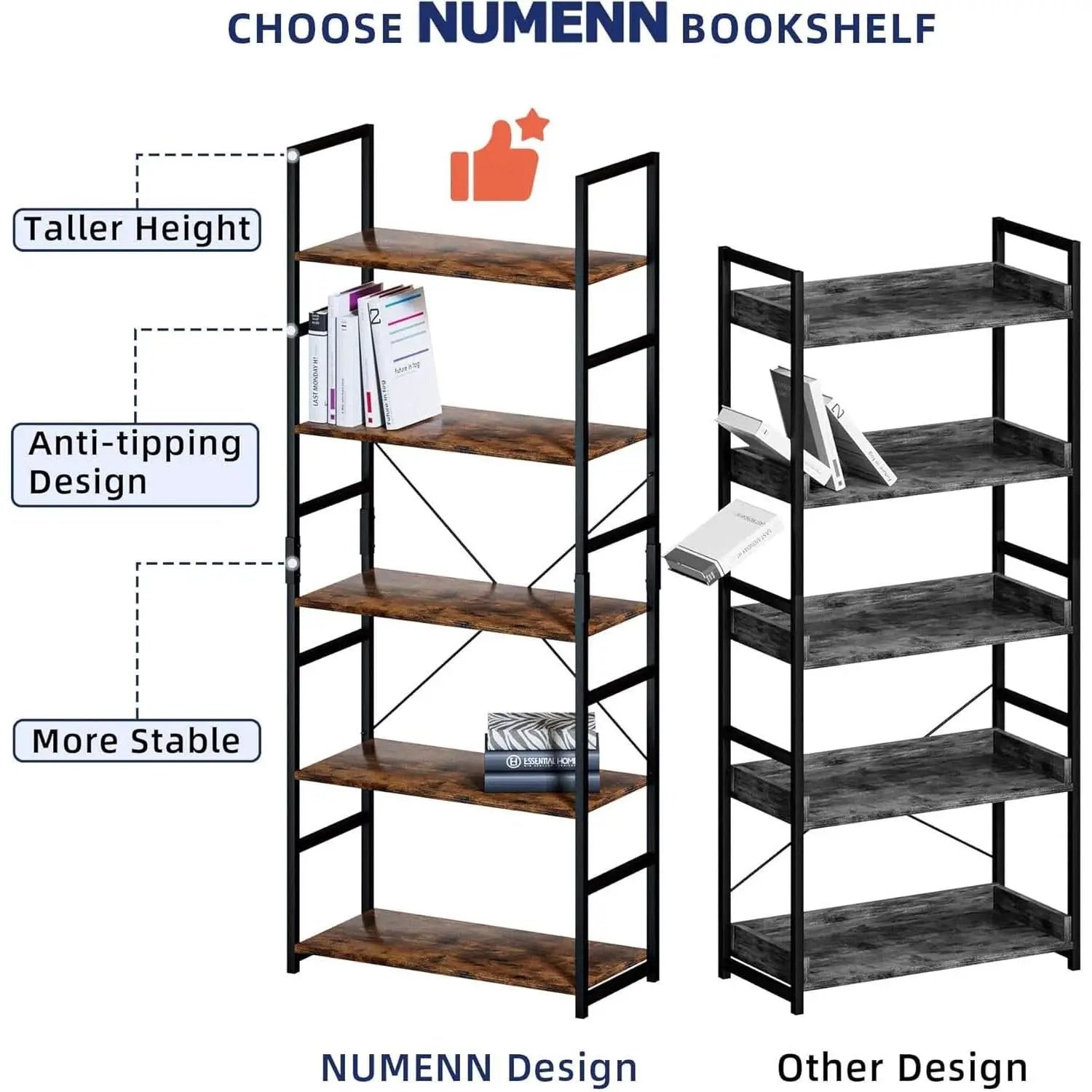 Tall 5 Shelf Vintage Bookcase With Metal Frame Storage from PriceLows™