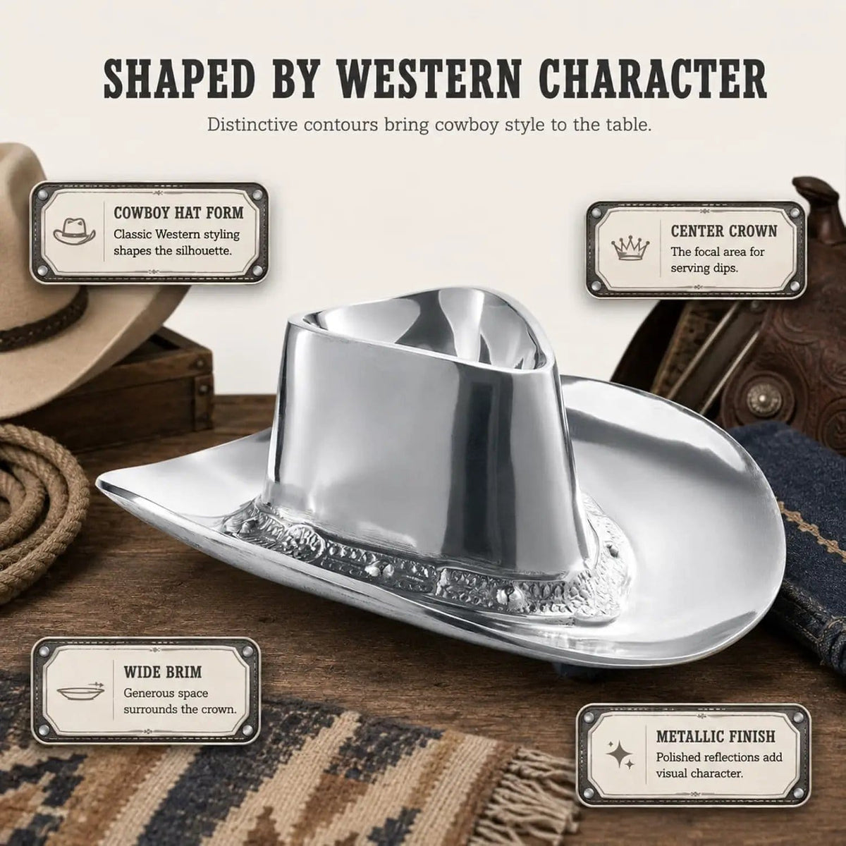 Cowboy Hat Chip and Dip Serving Bowl Silver Brass Snack | Brass | Home Decor | Gift Ready