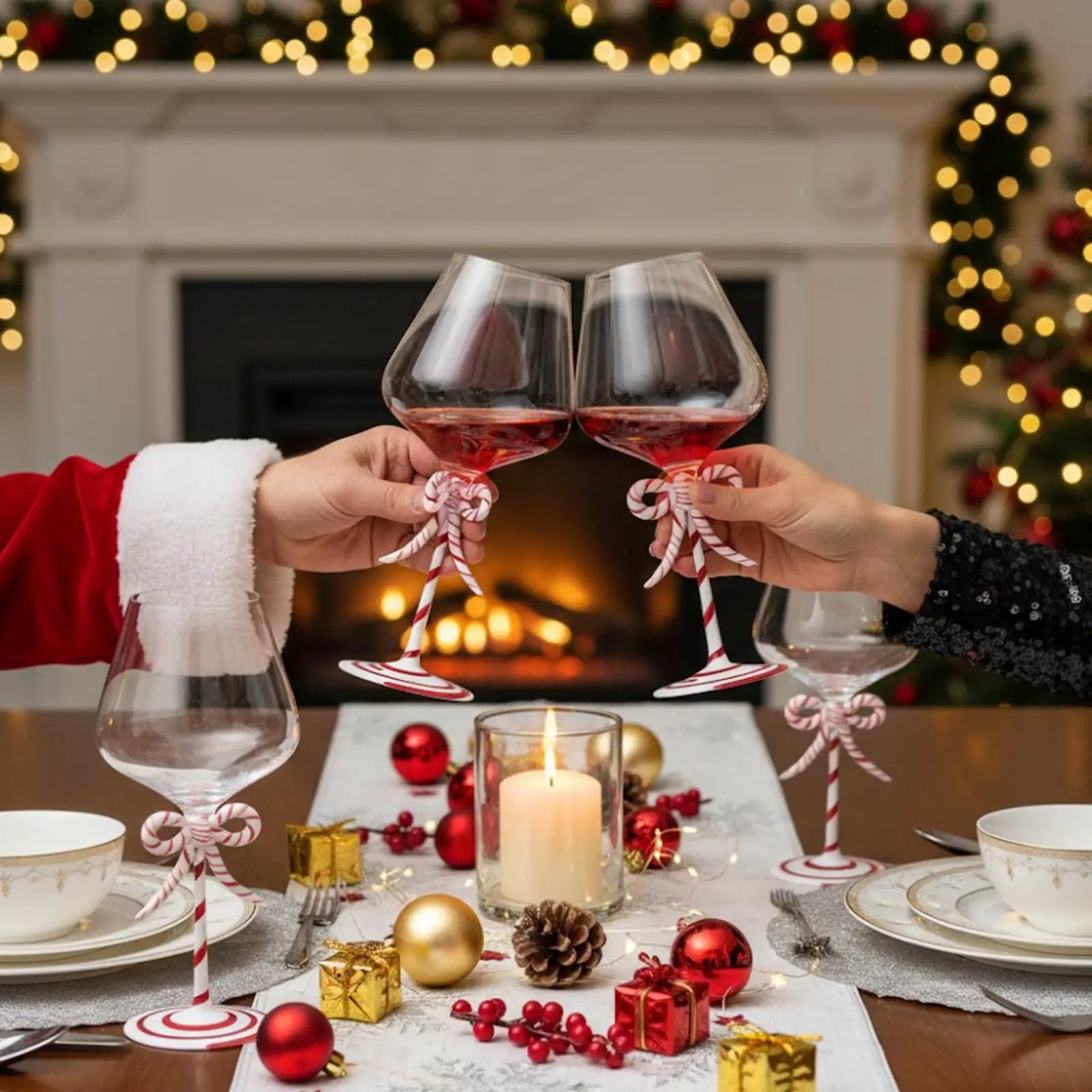 Khen Christmas Candy Cane Bow Wine Glasses - Set of 2 from PriceLows™