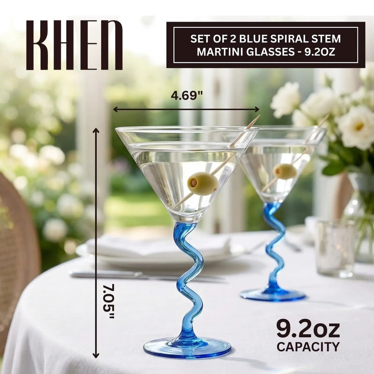 Spiral Stem Martini Glasses, 9.2oz 7.05" Blue | 9.2 oz | Set of 2 | Glass