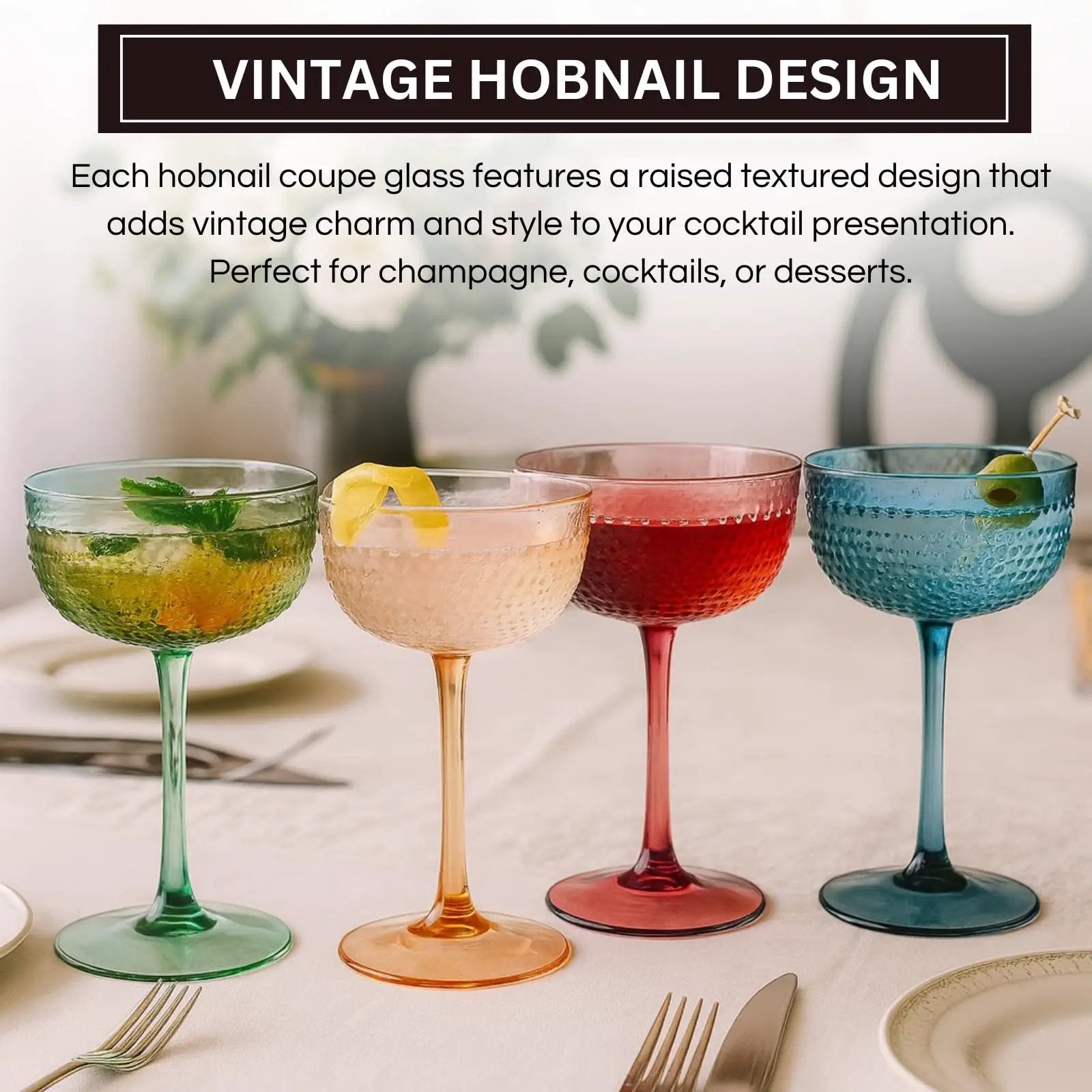 Hobnail Coupes, Cocktail Glass | Set of 4 | Muted Colors from PriceLows™