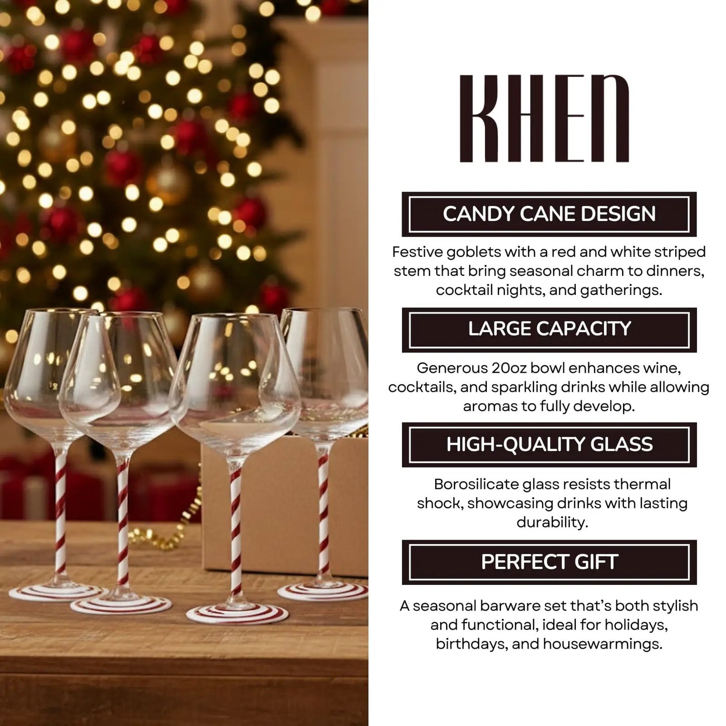 Khen Holiday Candy Cane Wine Glasses Set of 2 Santa Red White Striped from PriceLows™