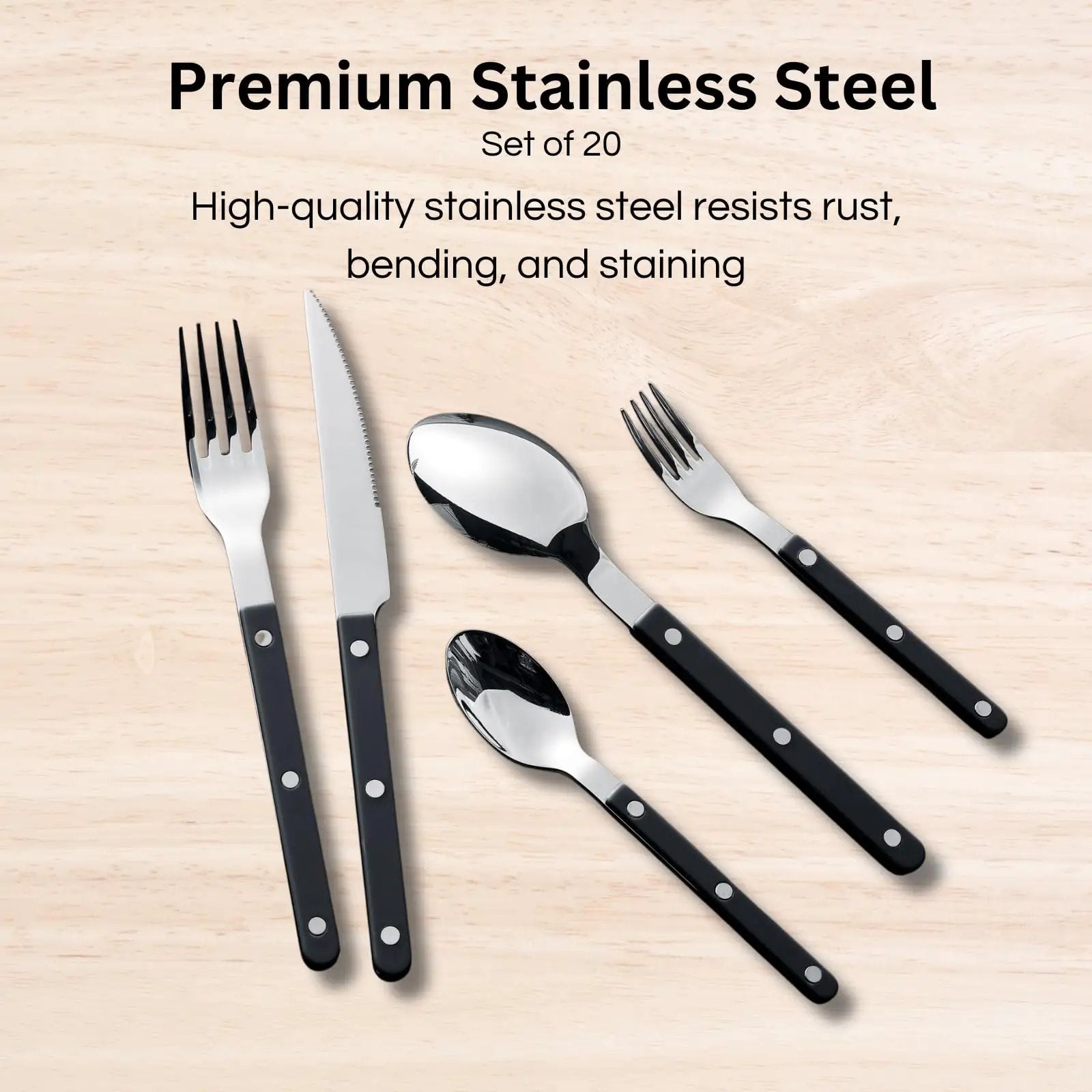 Khen Black Cutlery Set of 20 –18/8 Stainless Steel Flatware from PriceLows™