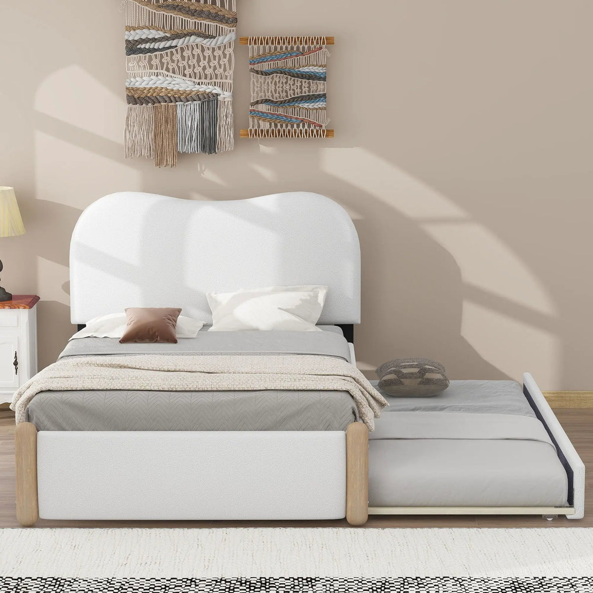 Upholstered Platform Bed | Trundle | Arc-Shaped Berber Fleece Headboard | Wood Supporting Feet