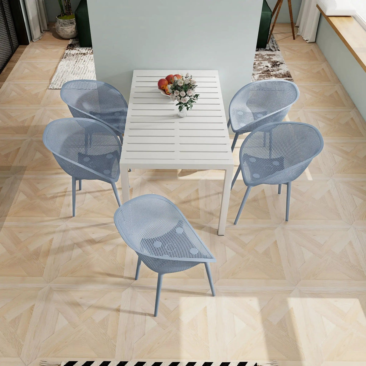4 Pack Lounge Chair Set With Long Table | 5 Piece Outdoor Set | Metal | Dining Room