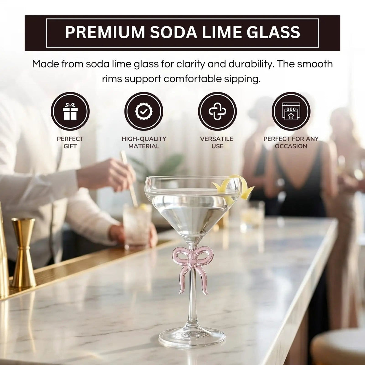 Single Clear Martini Glass with Pink Bow on Stem, One Piece | 10.8 oz | Glass | Cocktail Glass