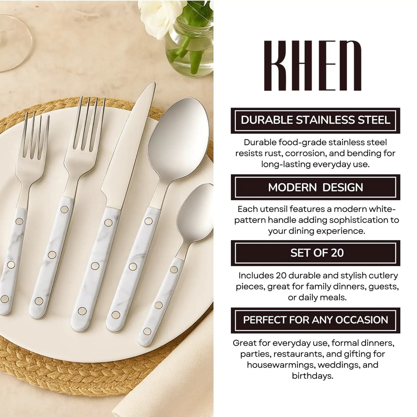 Khen 20-Piece Cutlery Set – Includes Dinner Knives, Forks, Spoons from PriceLows™