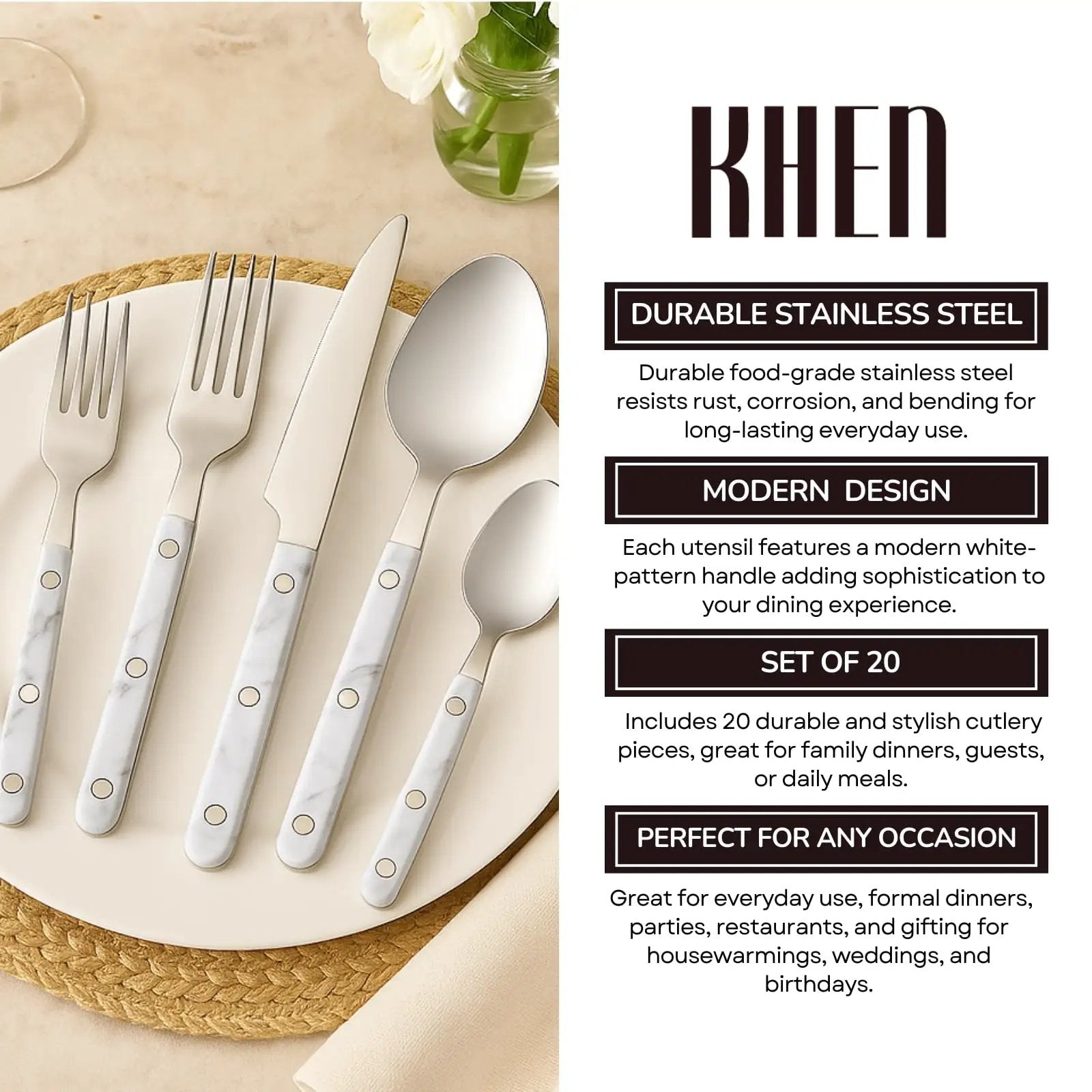 Khen 20-Piece Cutlery Set – Includes Dinner Knives, Forks, Spoons from PriceLows™
