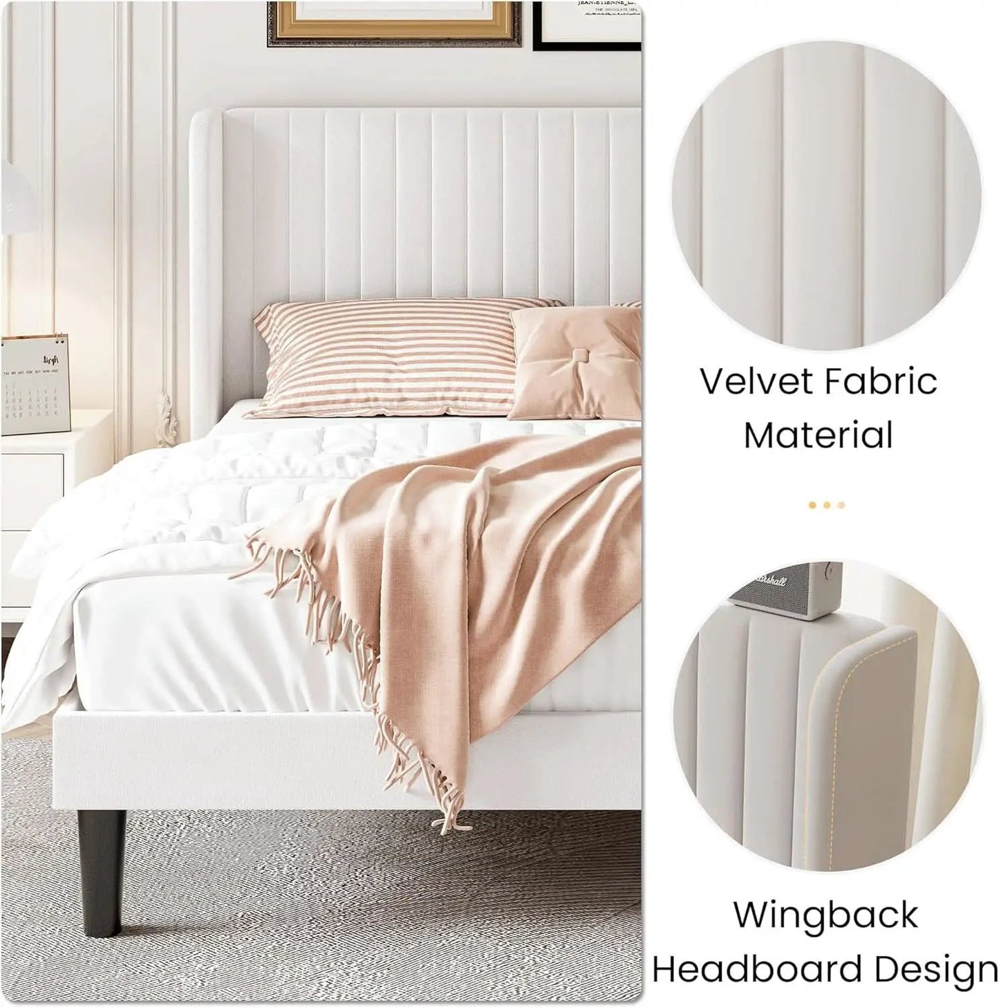 Velvet Upholstered Full Bed Frame With Wingback Headboard from PriceLows™