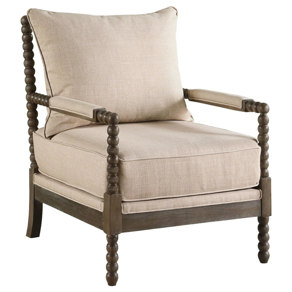 Blanchett Upholstered Bobbin Accent Chair Beige and Distressed | 29.5 x 34 x 38 in | Rubberwood & Fabric | Brown