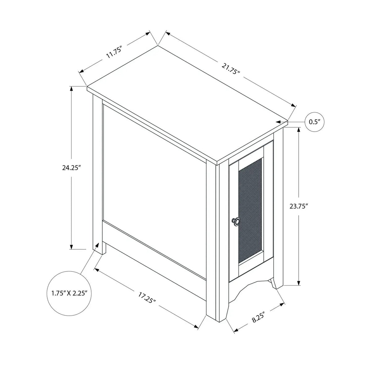 Narrow Accent End Table | Transitional Style | Closed Cabinet | Round Metal Knob