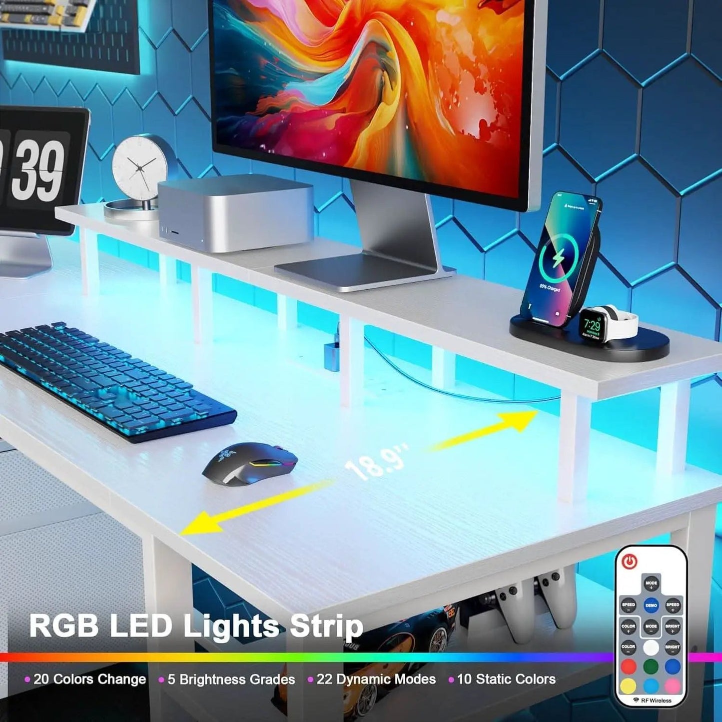 Sixty One Inch Computer Desk LED Illumination White Finish from PriceLows™