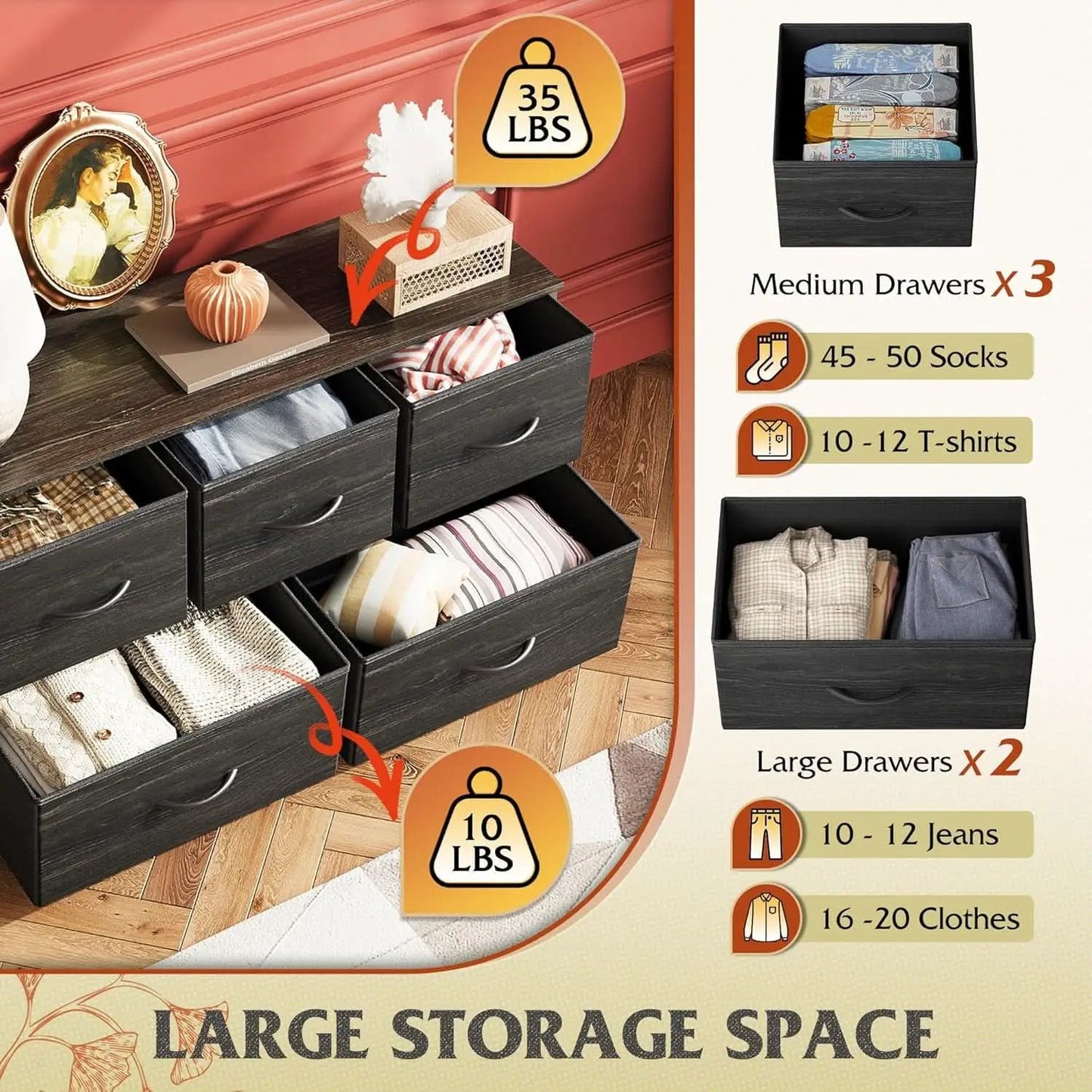 Charcoal Black Wood Grain Dresser With 5 Drawers And Fabric Bins from PriceLows™