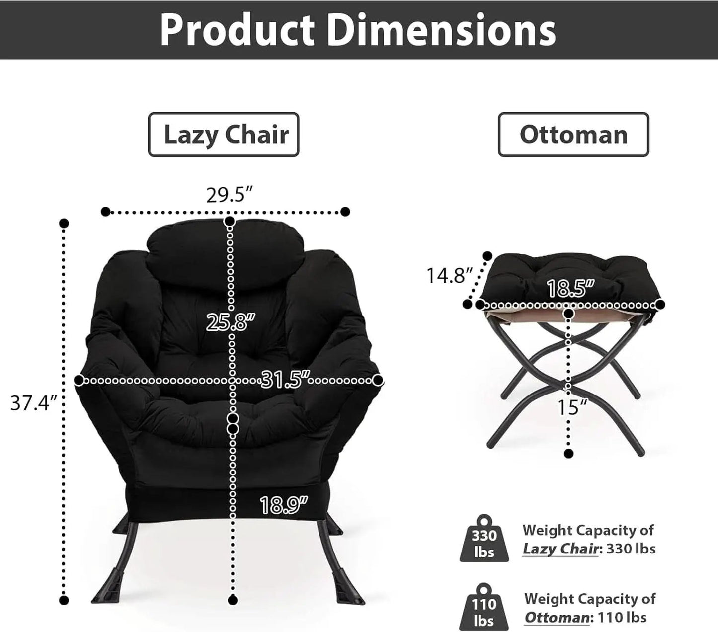 Black Velvet Folding Ottoman Lounge Chair With Footrest from PriceLows™