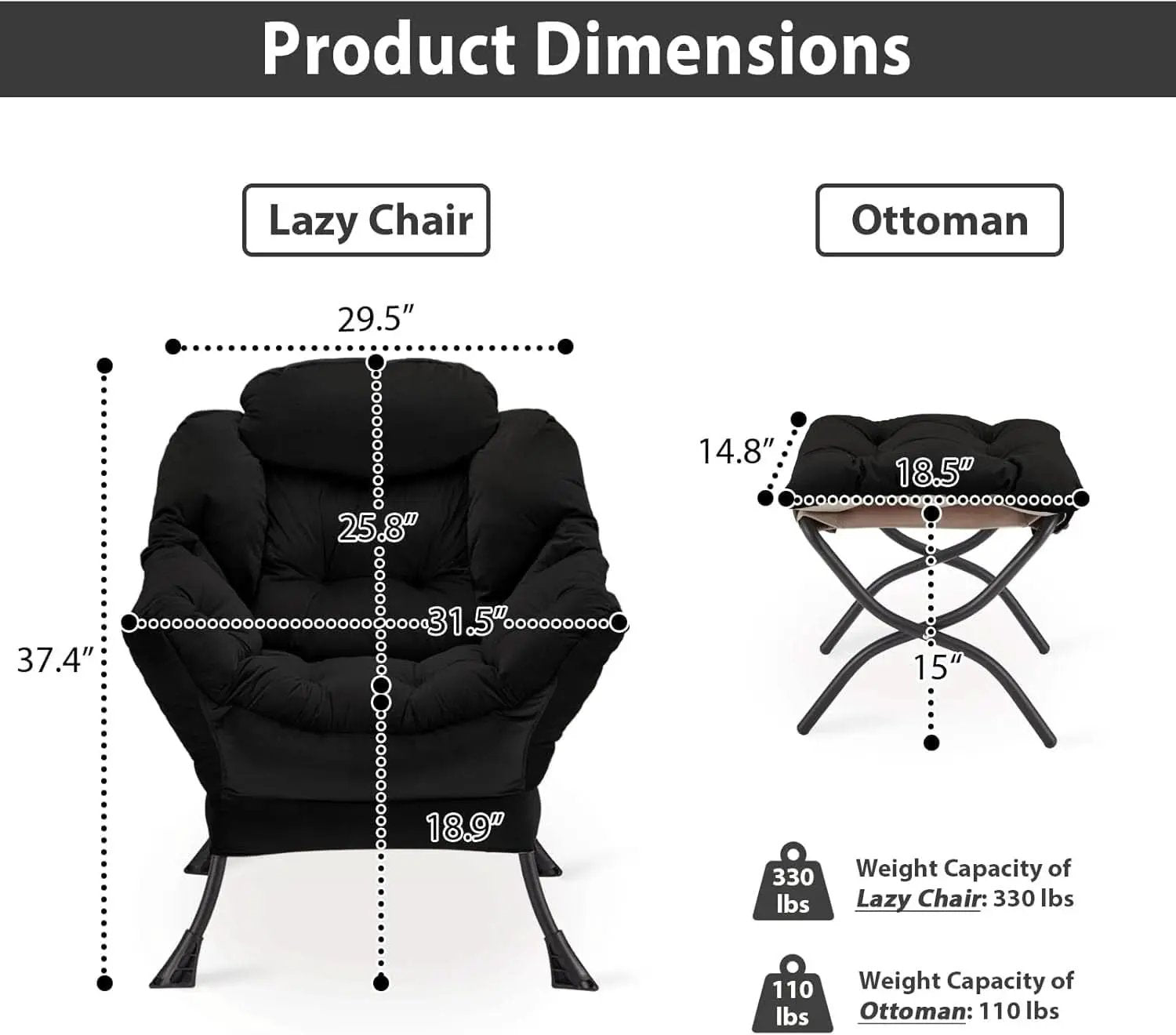 Black Velvet Folding Ottoman Lounge Chair With Footrest from PriceLows™