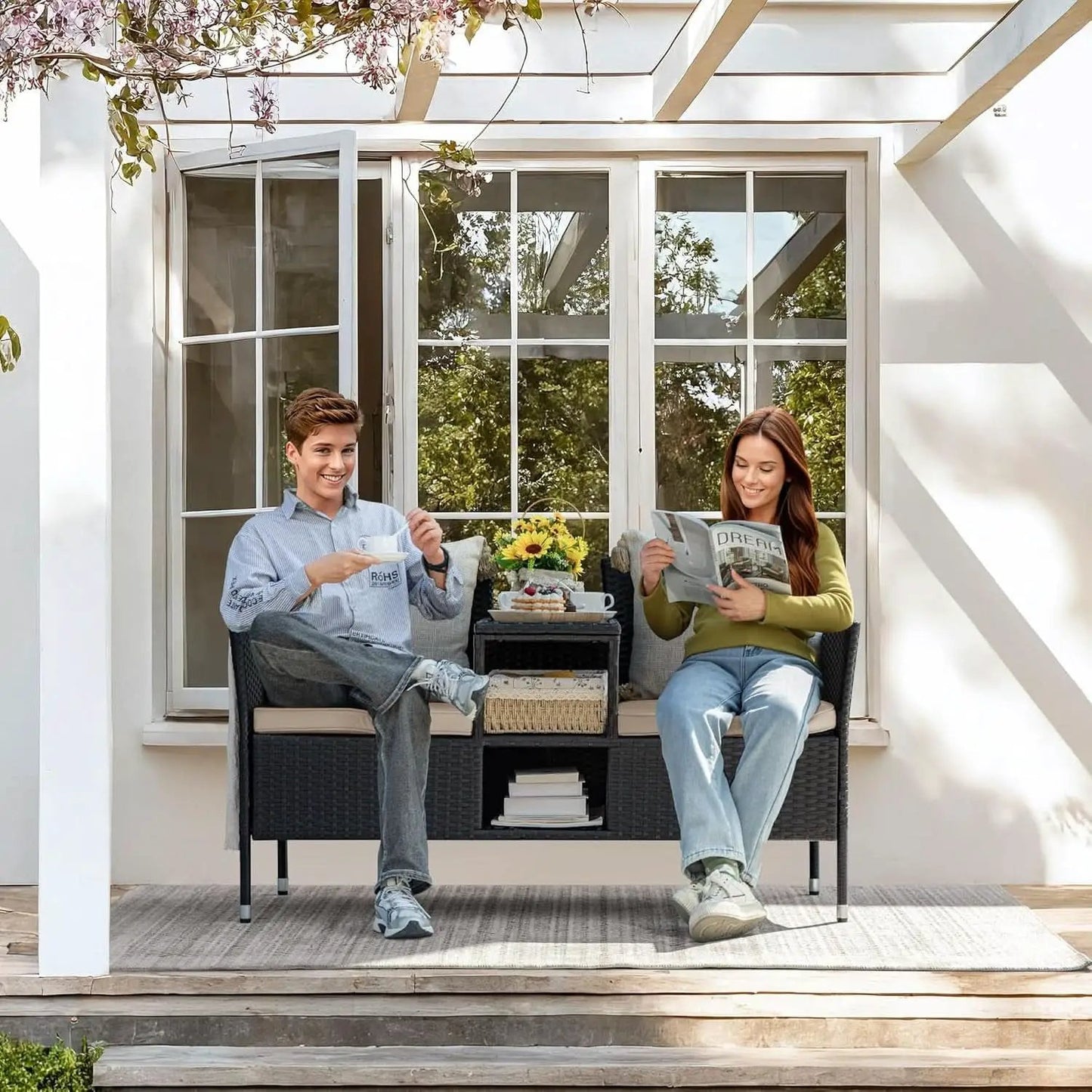 Patio Loveseat Outdoor Wicker Conversation Set With Built In Coffee Table Beige from PriceLows™