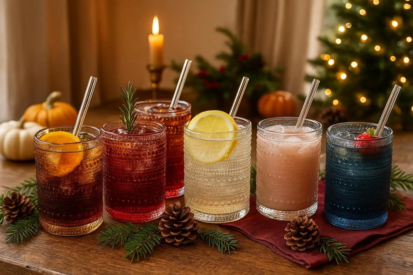 Khen Hobnail Drinking Glasses with Straws | Muted Colors | Set of 6 from PriceLows™