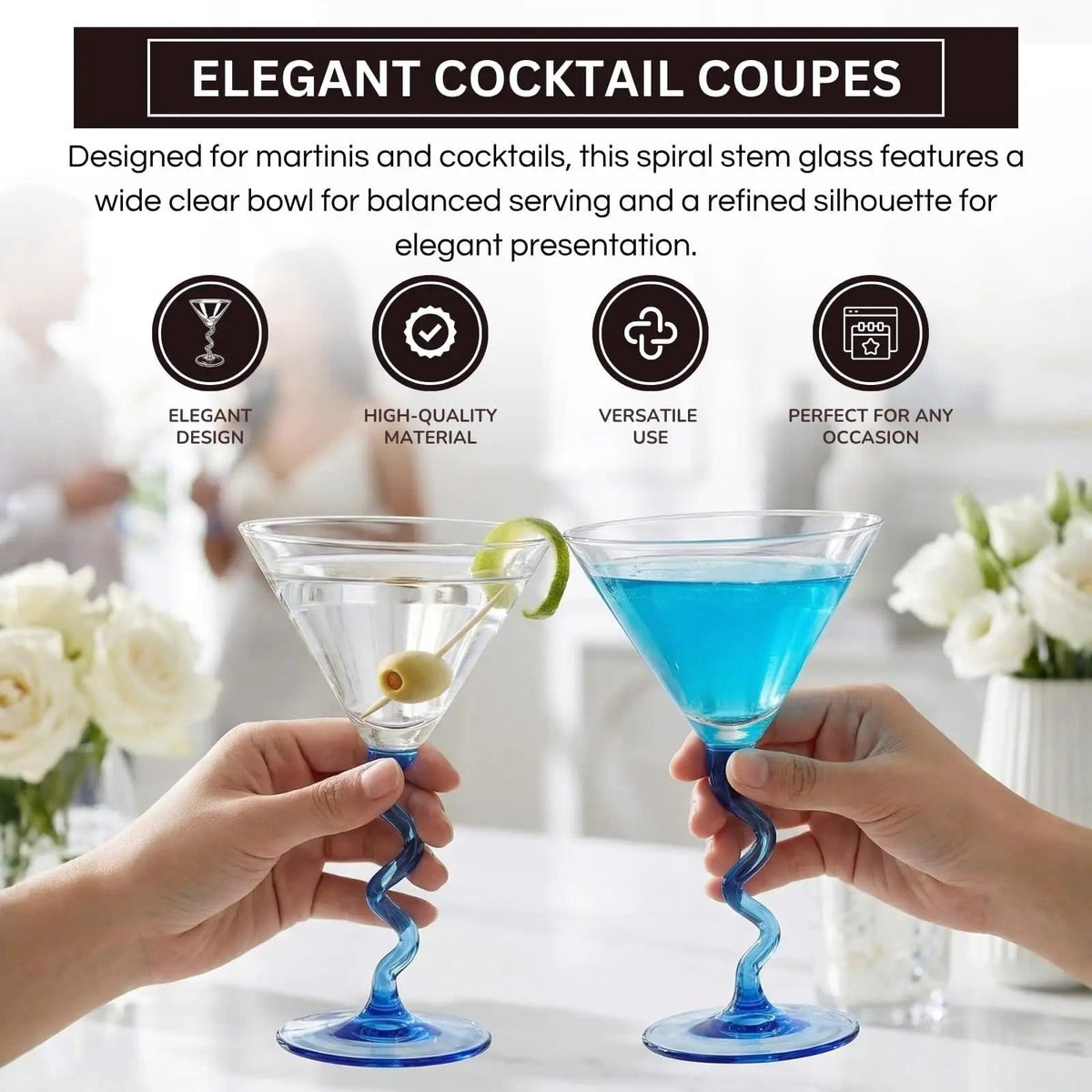 Spiral Stem Martini Glasses, 9.2oz 7.05" Blue | 9.2 oz | Set of 2 | Glass