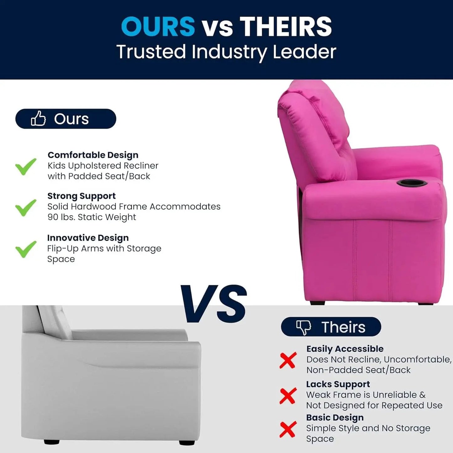 Hot Pink Kids Recliner With Cup Holder Compact Design from PriceLows™
