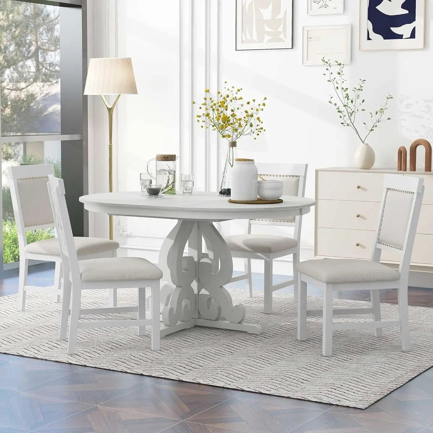 Round Solid Wood Dining Table Set Four from PriceLows™