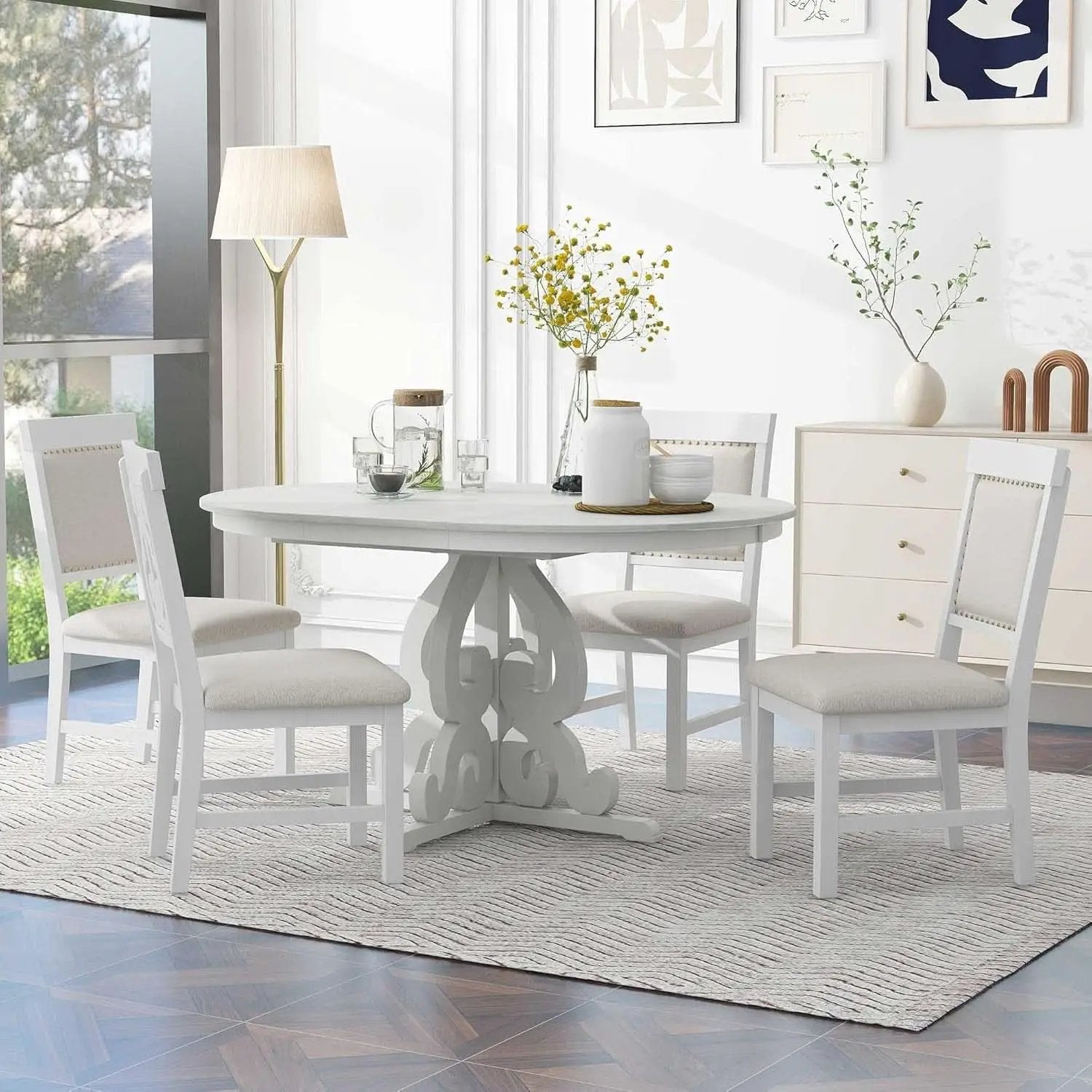 Round Solid Wood Dining Table Set Four from PriceLows™