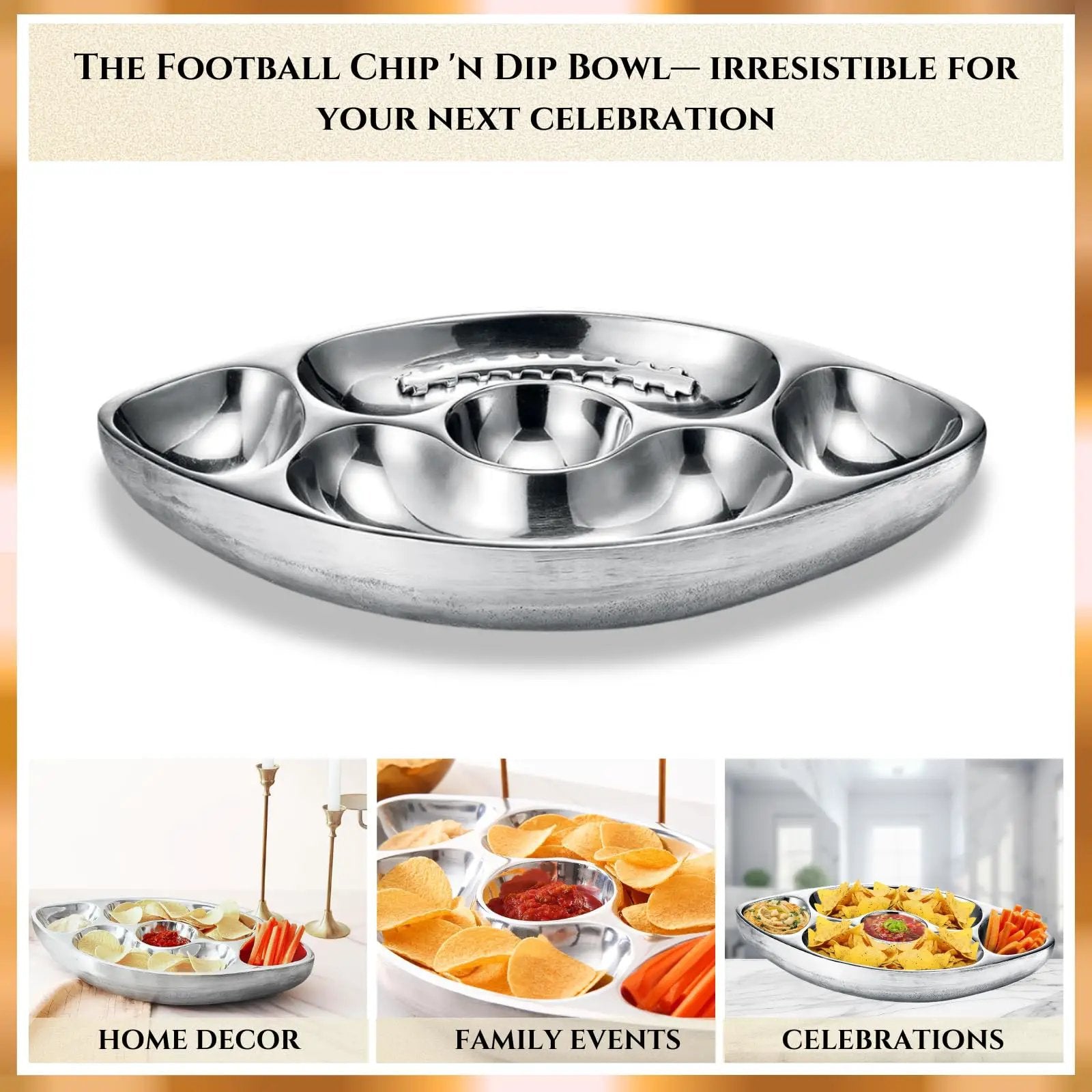 Football Tailgate Superbowl Serving Bowl Silver Brass Snack from PriceLows™
