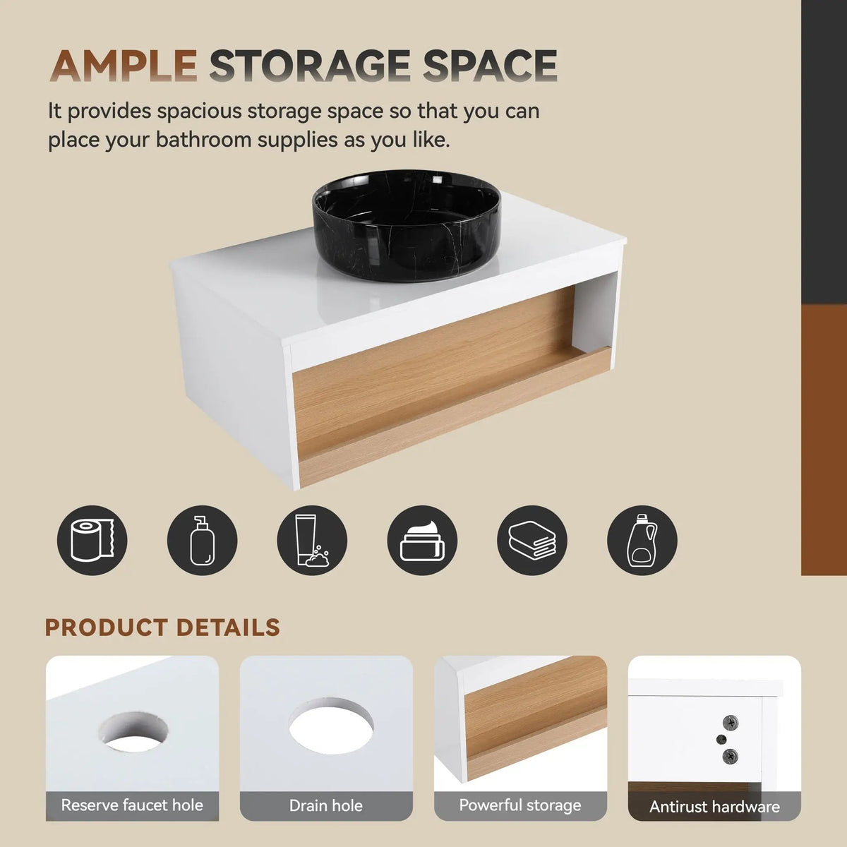Wall Mounted Bathroom Vanity | Vessel Sink | Open Shelf Storage